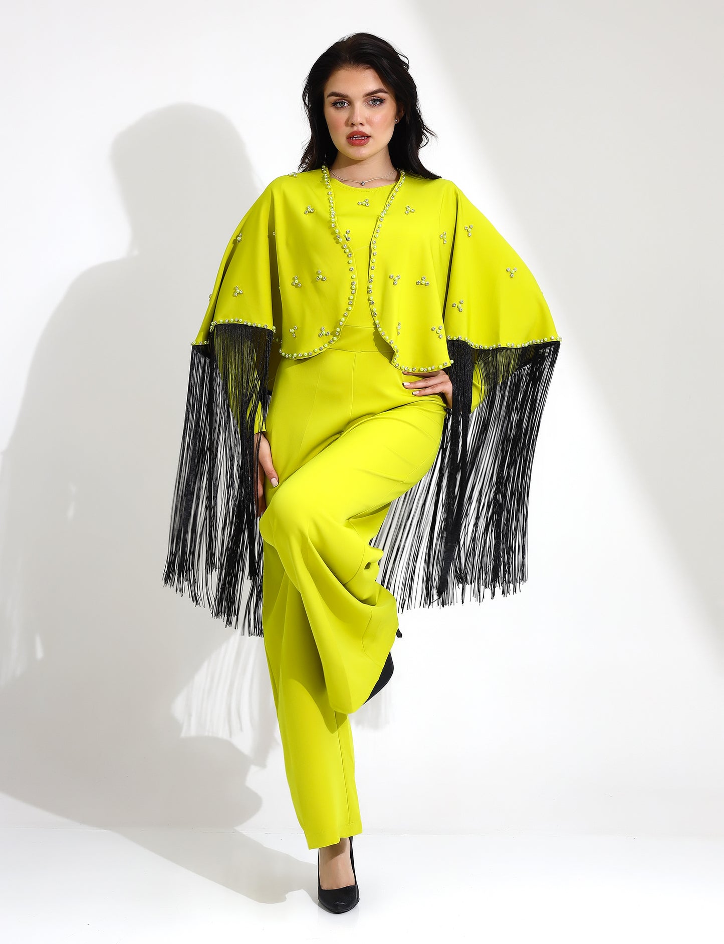 Elegant Fringe Embellished Jumpsuit with Cape