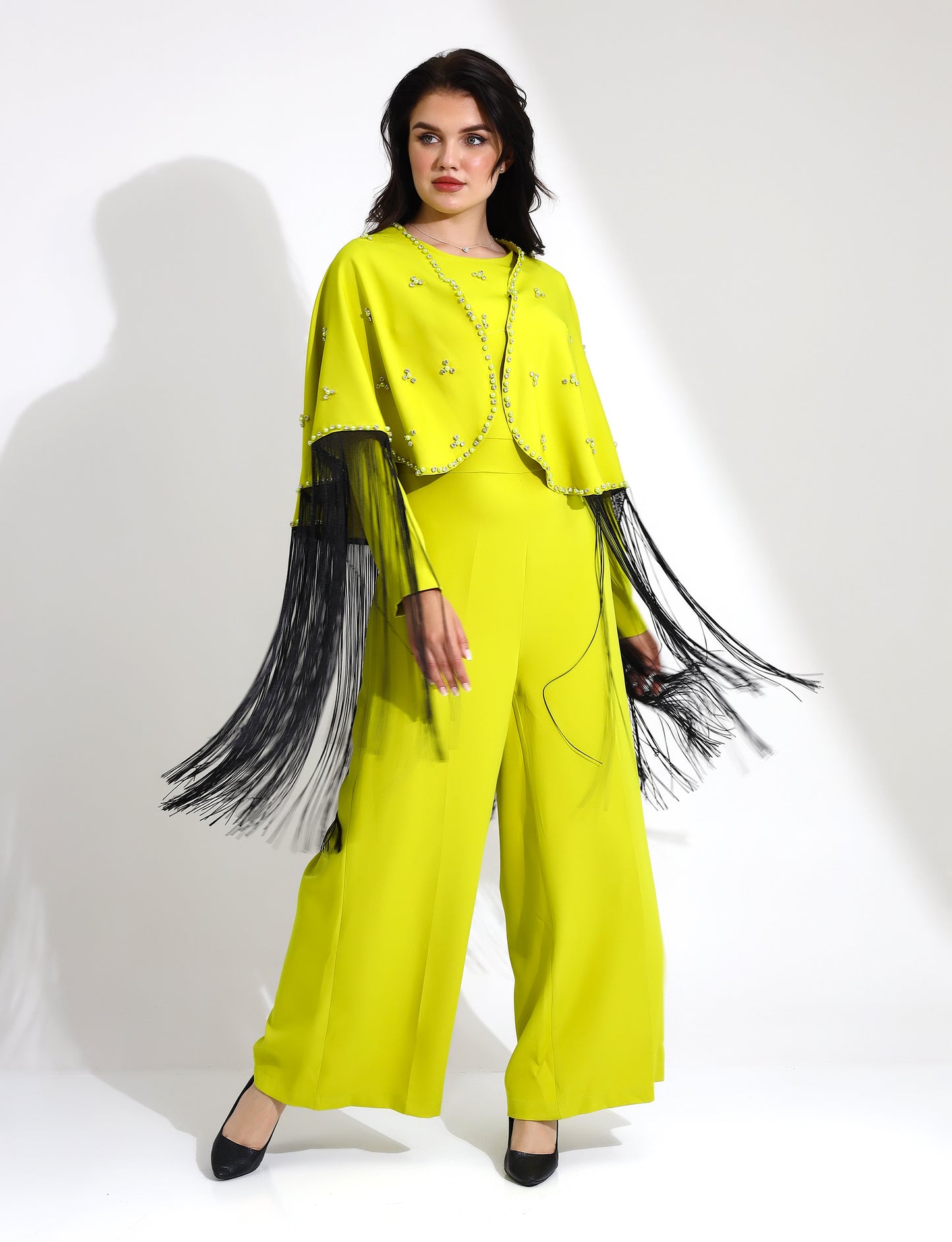 Elegant Fringe Embellished Jumpsuit with Cape