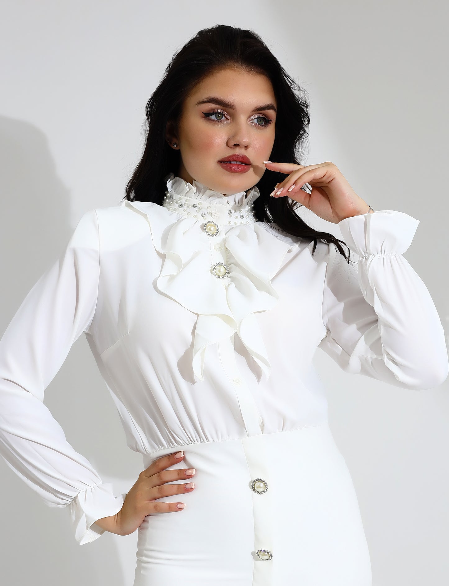 Elegant White Lace Ruffle Blouse and Skirt Set