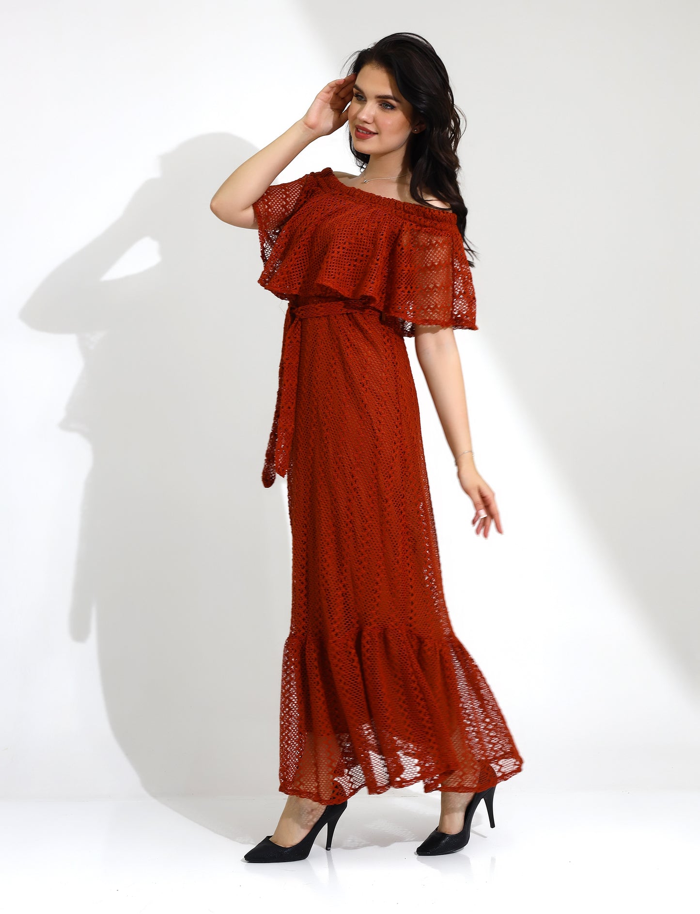 Off-Shoulder Rust Lace Maxi Dress