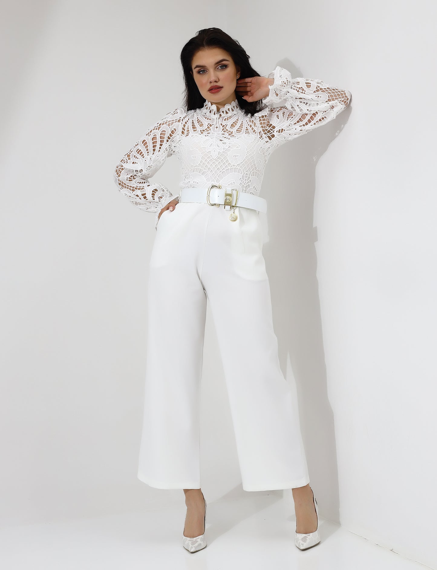 Elegant White Lace High-Neck Jumpsuit with Belt