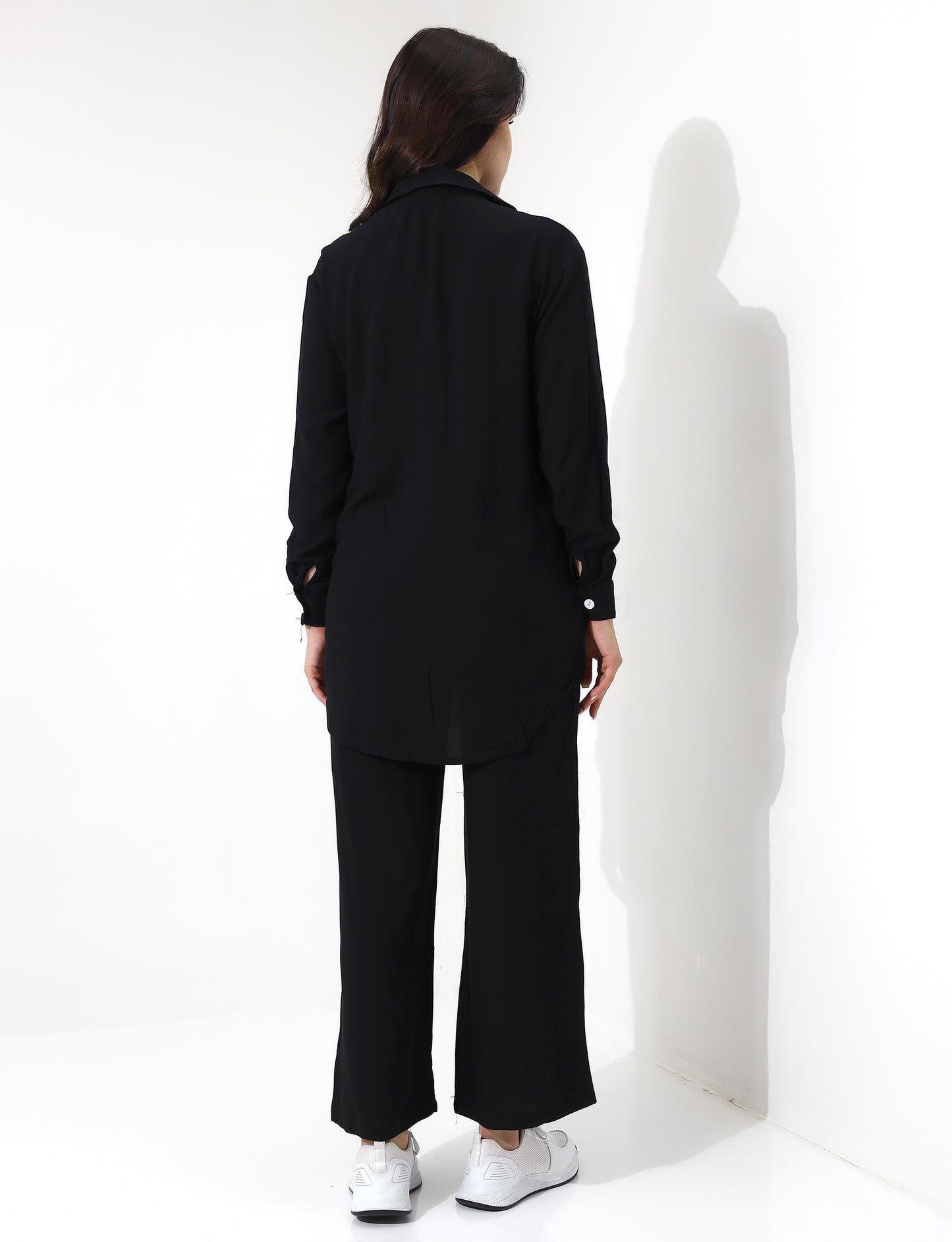 Black and White Abstract Print Long Shirt and Wide-Leg Pants Set