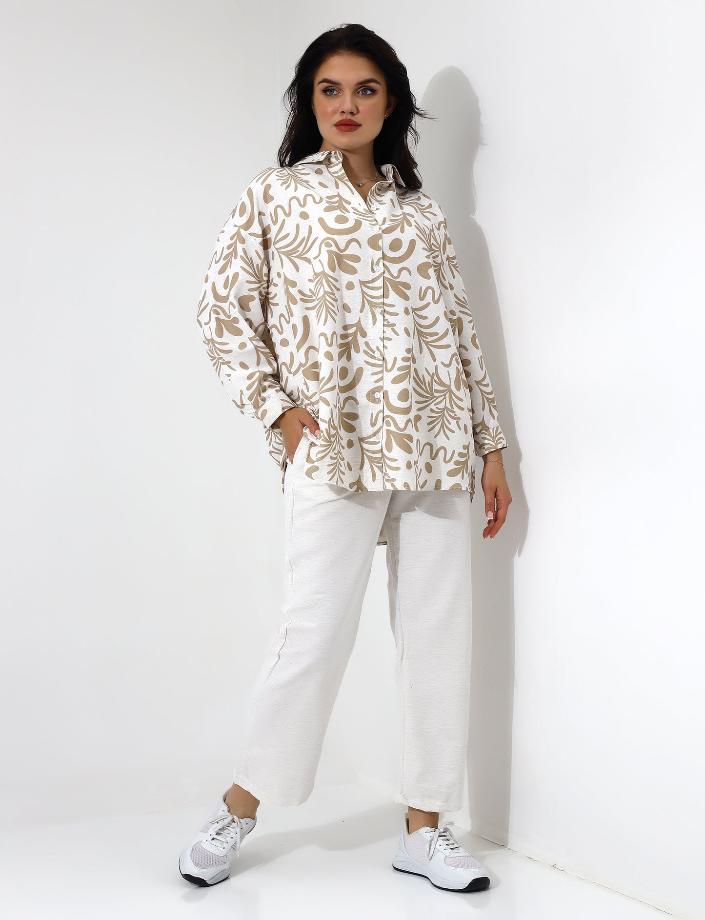 Beige Patterned Button Down Shirt Wide Leg Pants Set - Stayele Store S