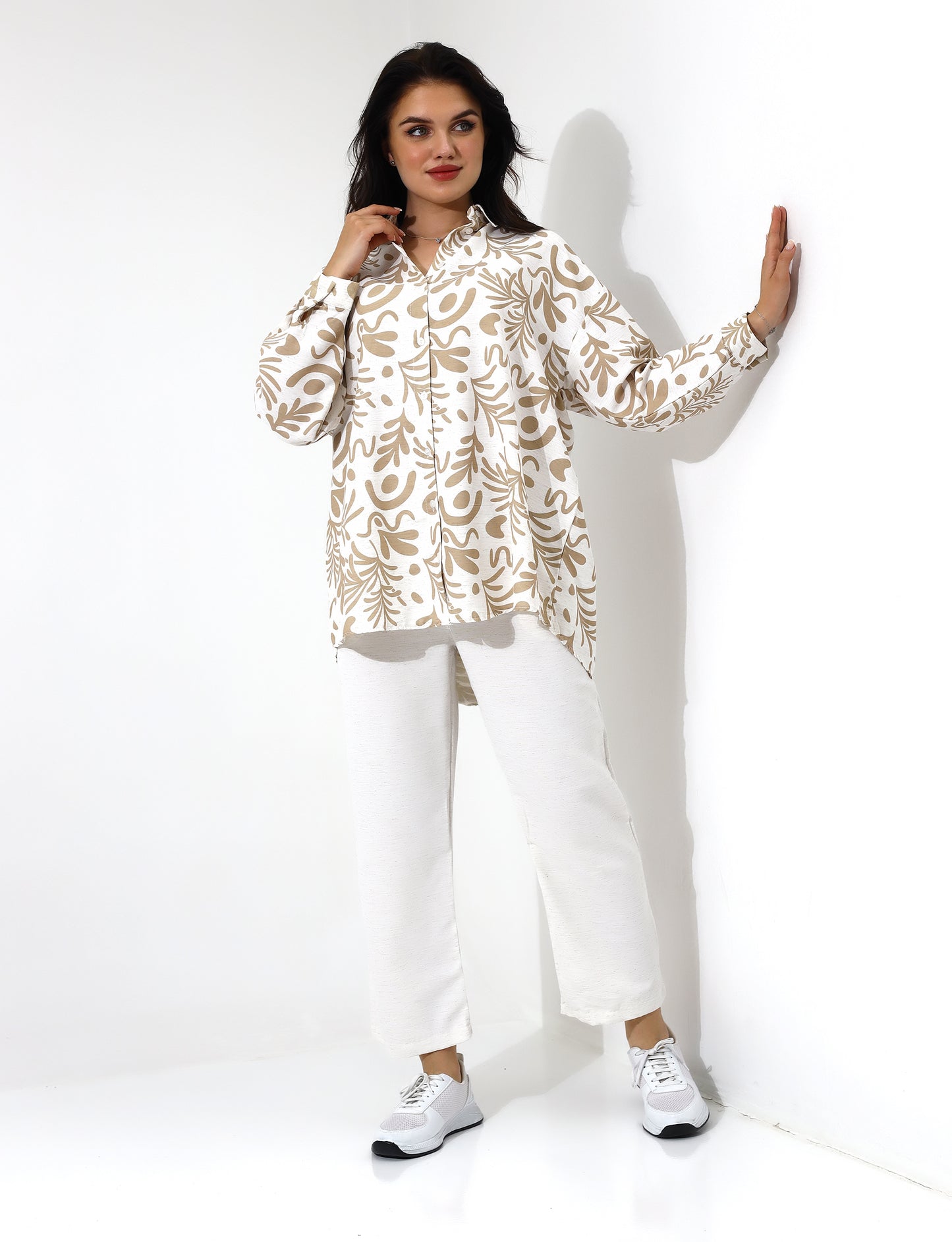 Beige Patterned Button Down Shirt Wide Leg Pants Set - Stayele Store S