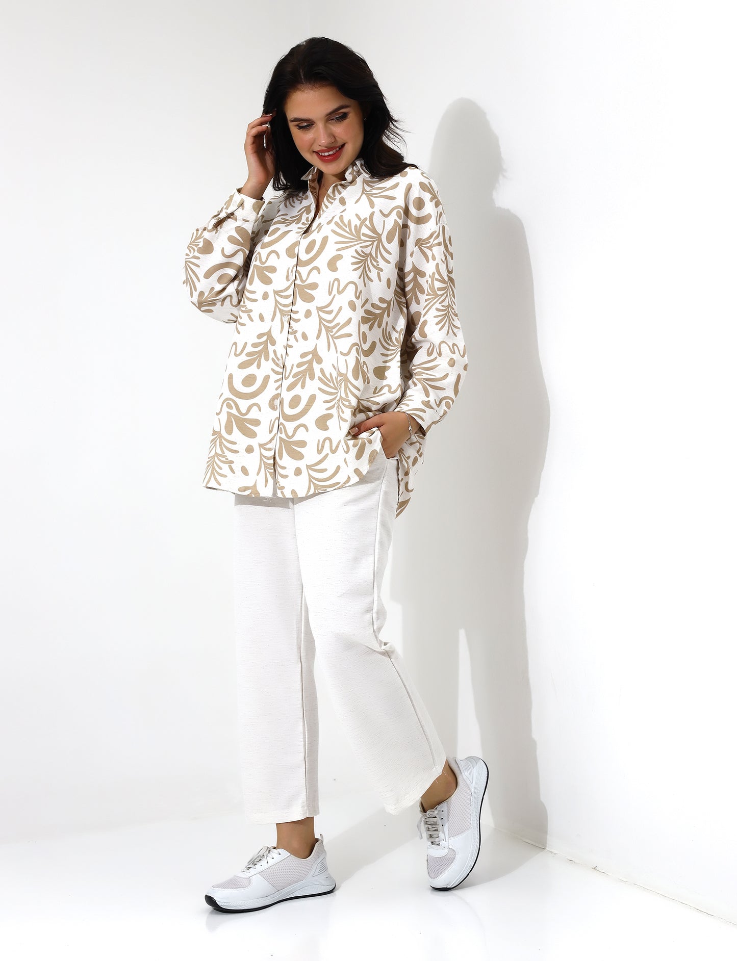 Beige Patterned Button Down Shirt Wide Leg Pants Set - Stayele Store S