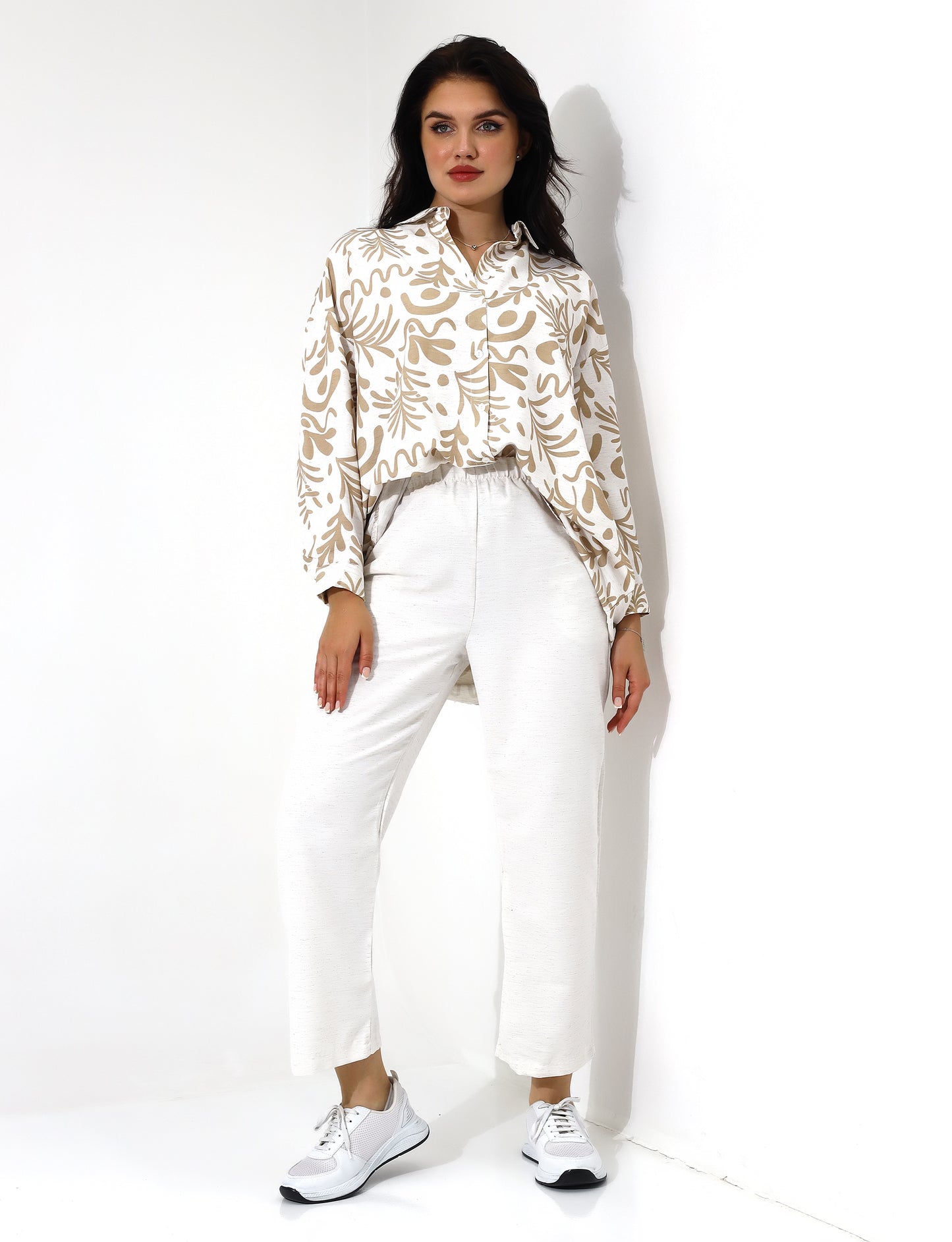 Beige Patterned Button Down Shirt Wide Leg Pants Set - Stayele Store S