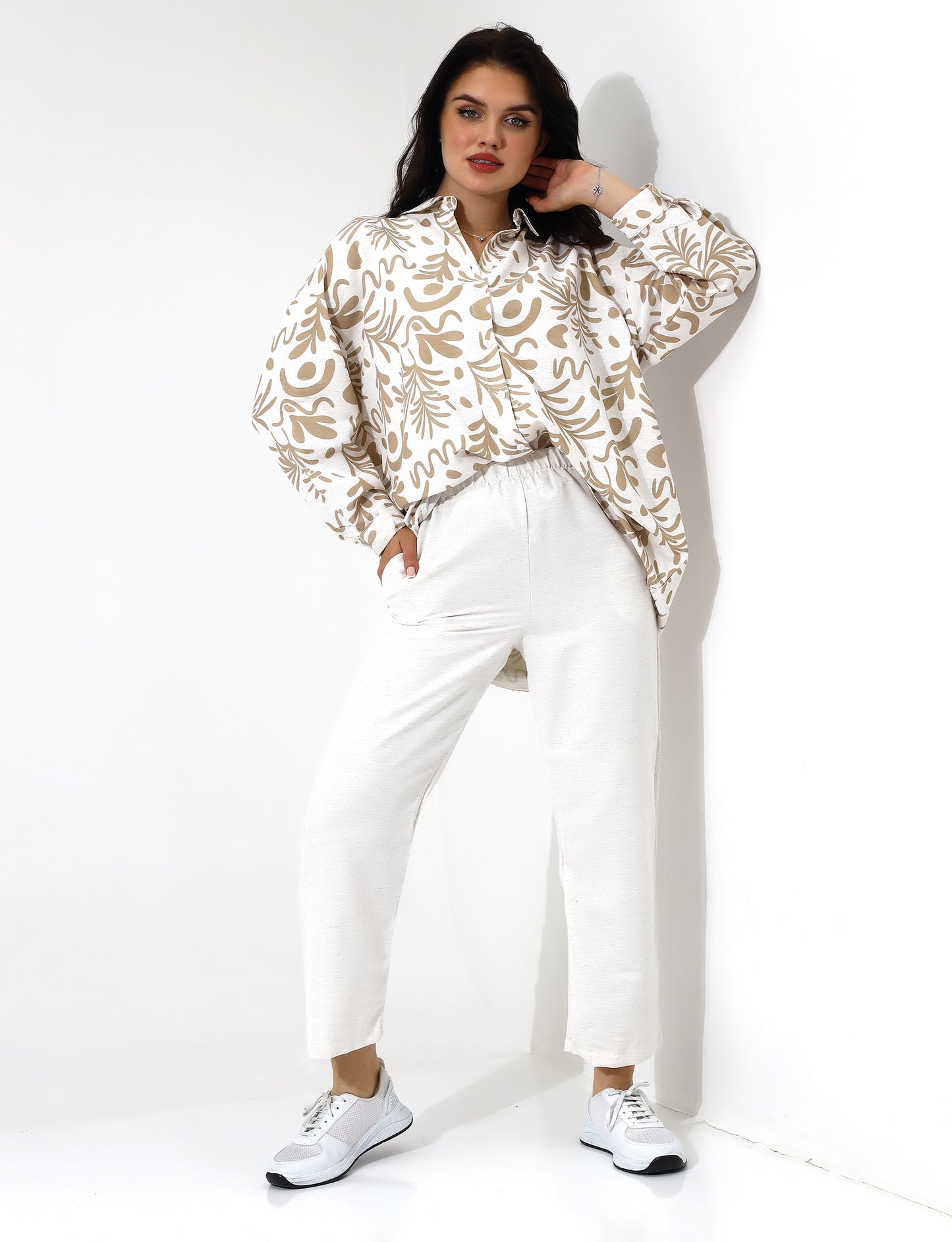 Beige Patterned Button Down Shirt Wide Leg Pants Set - Stayele Store S