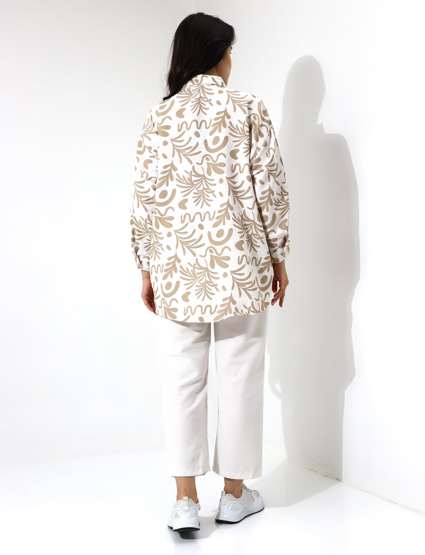Beige Patterned Button Down Shirt Wide Leg Pants Set - Stayele Store S