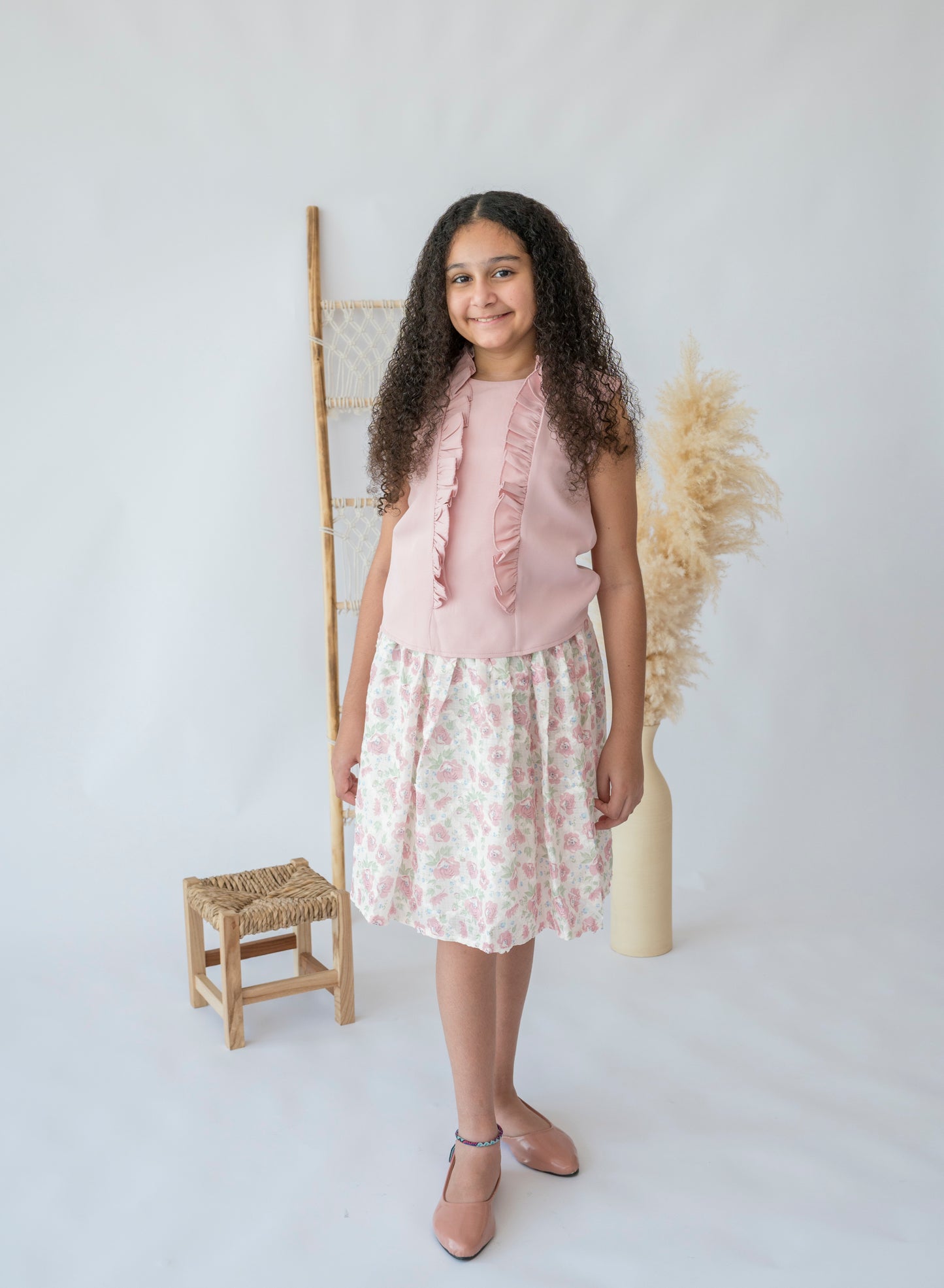 Springtime Elegance Ruffle Blouse and Floral Skirt Set