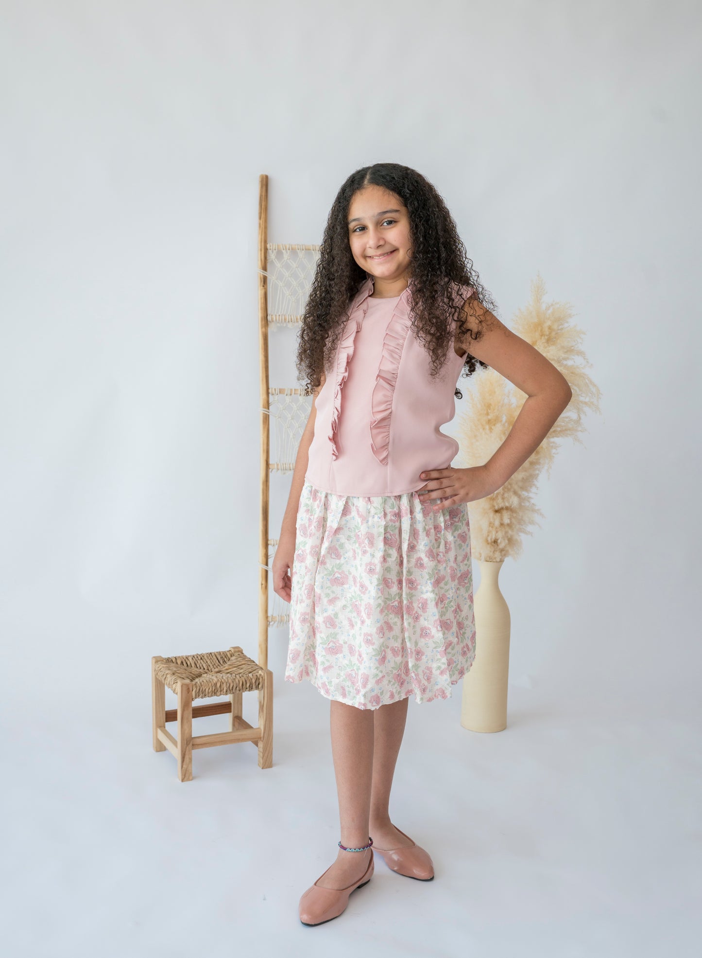 Springtime Elegance Ruffle Blouse and Floral Skirt Set