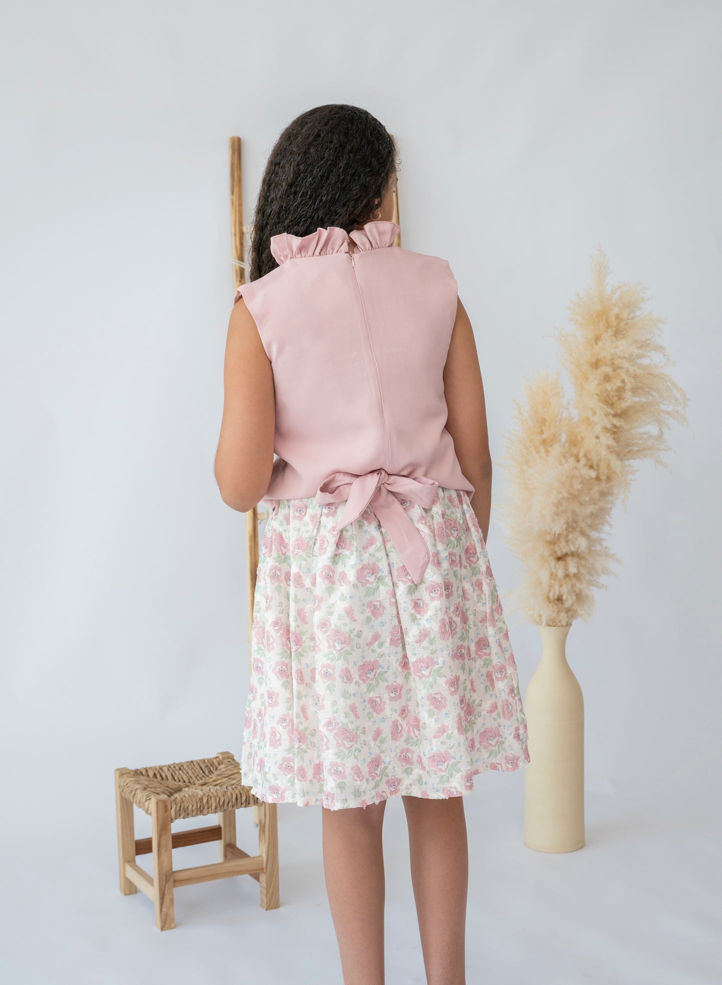 Springtime Elegance Ruffle Blouse and Floral Skirt Set