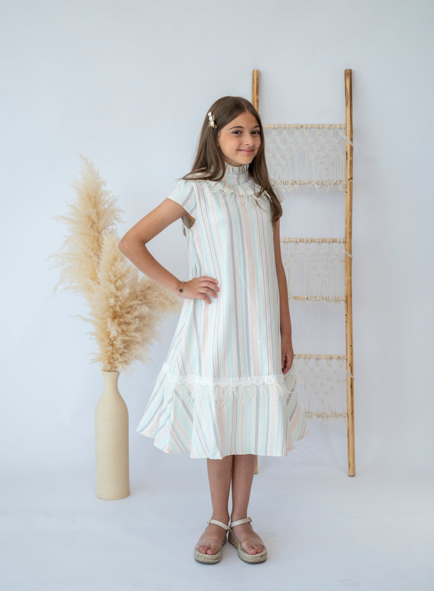Girls Pastel Striped Dress with Lace Trim