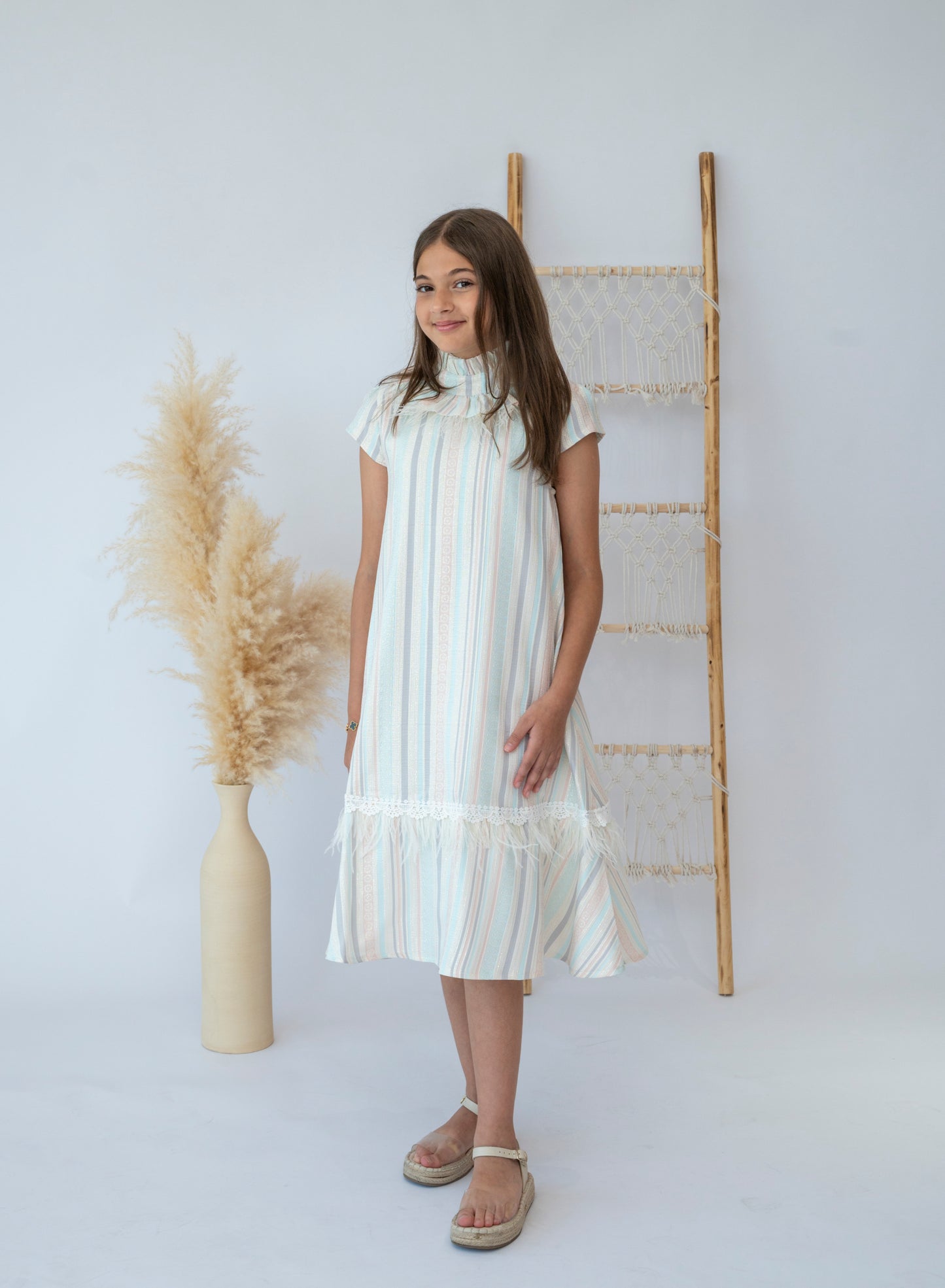 Girls Pastel Striped Dress with Lace Trim