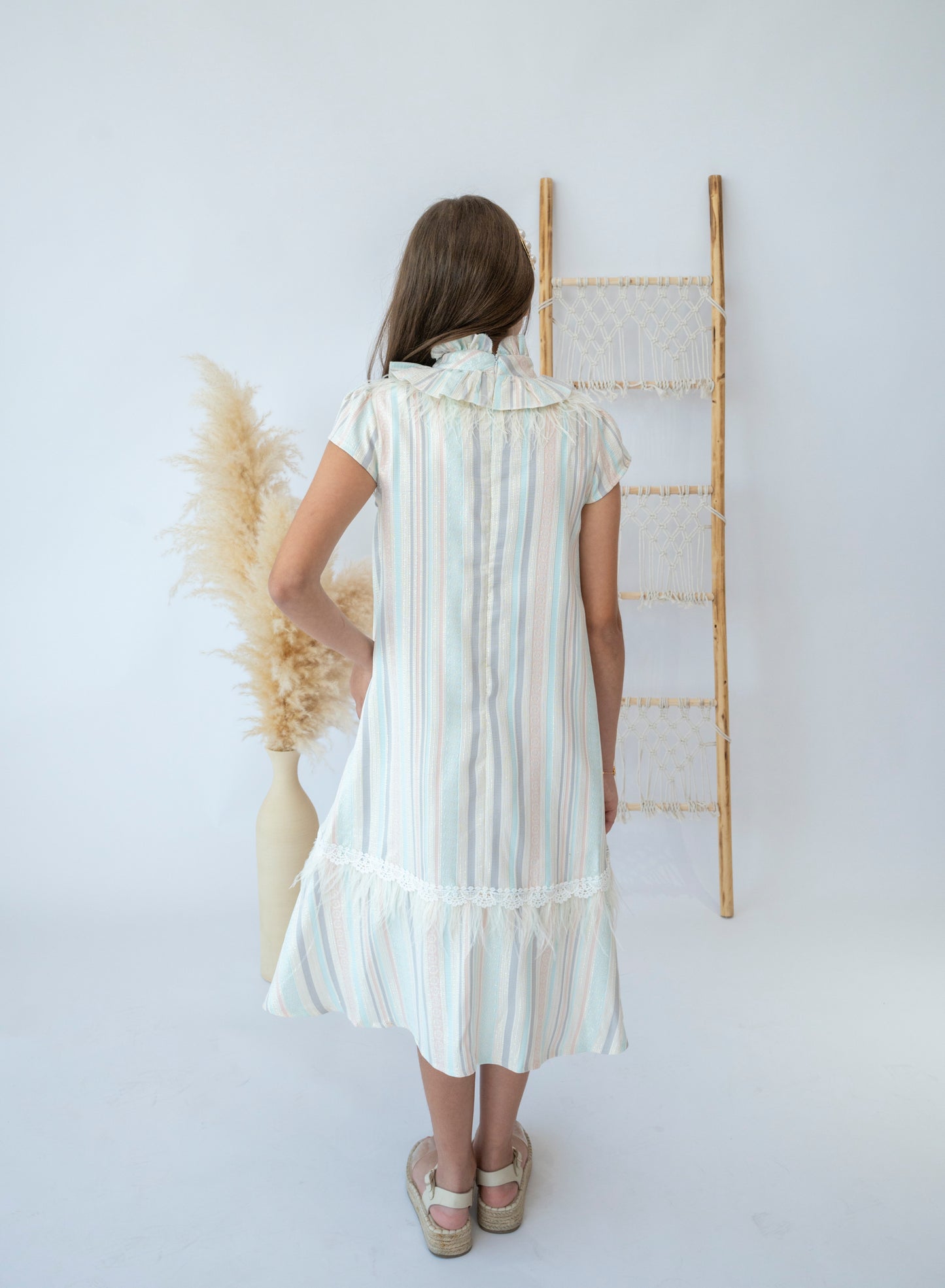 Girls Pastel Striped Dress with Lace Trim