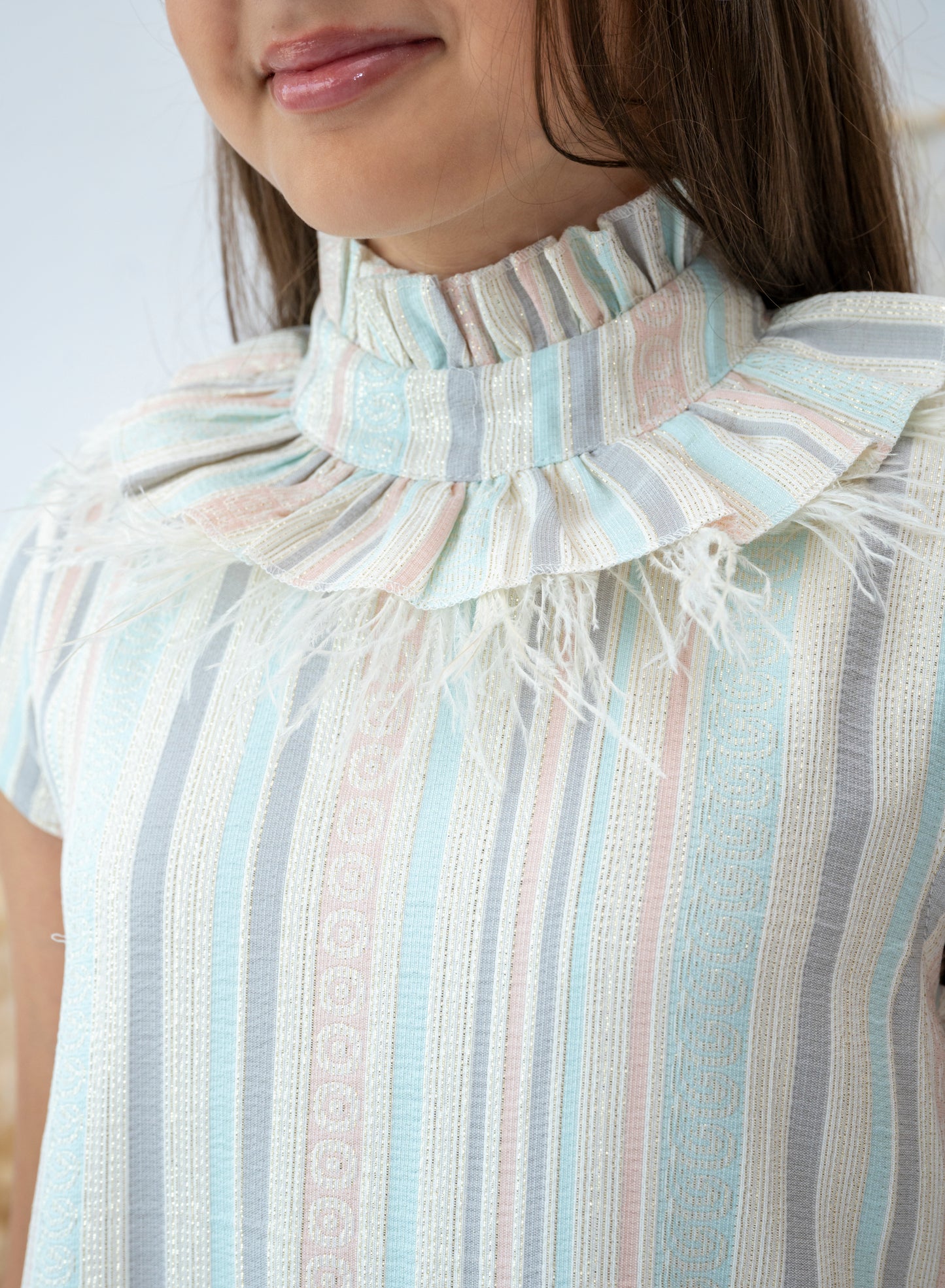 Girls Pastel Striped Dress with Lace Trim
