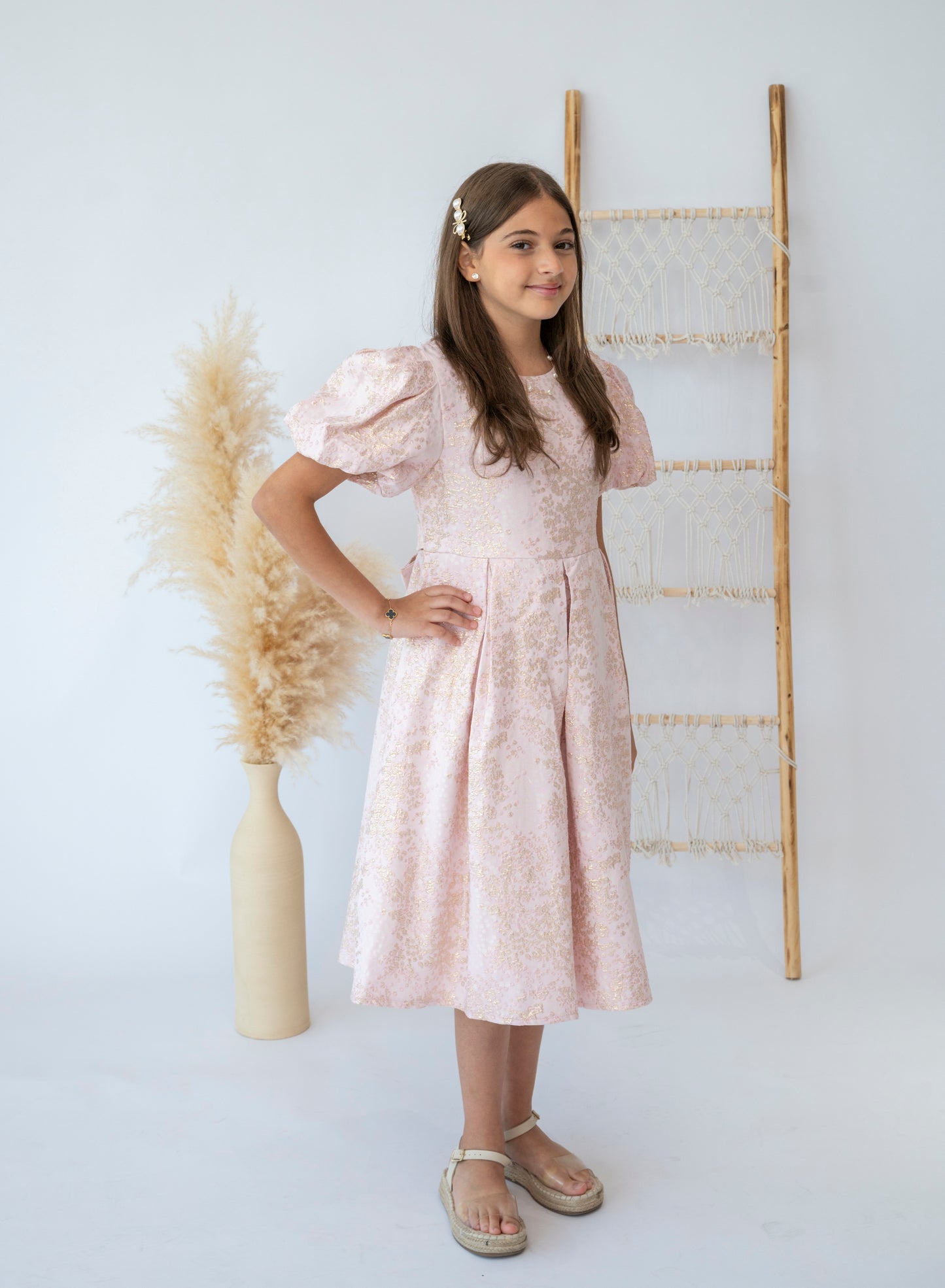 Elegant Kids Pink Jacquard Dress with Puff Sleeves and Gold Details