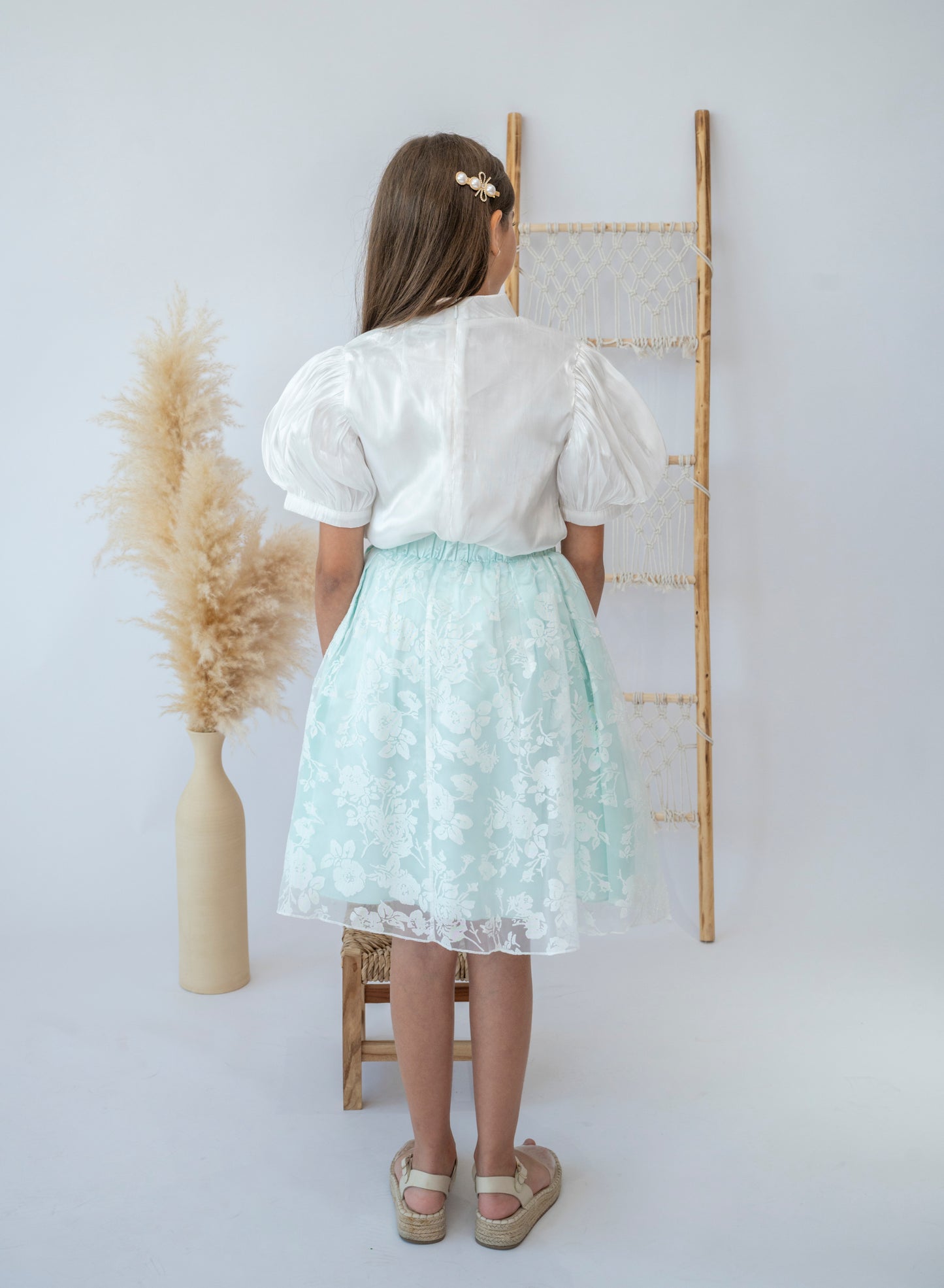 Elegant Mint Floral Skirt and White Blouse Set for Girls
