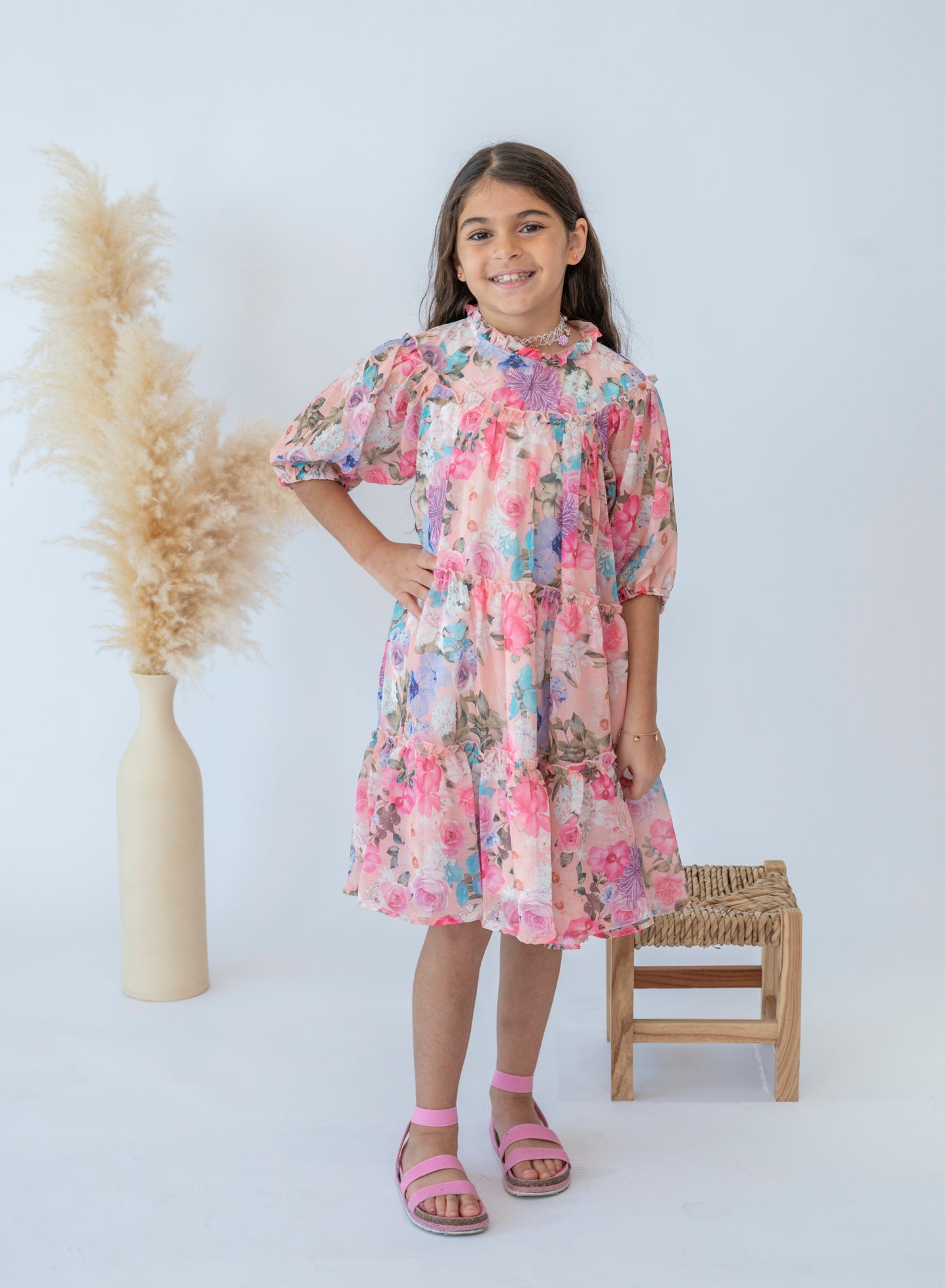 Girls Pink Floral Dress with Ruffle Detail