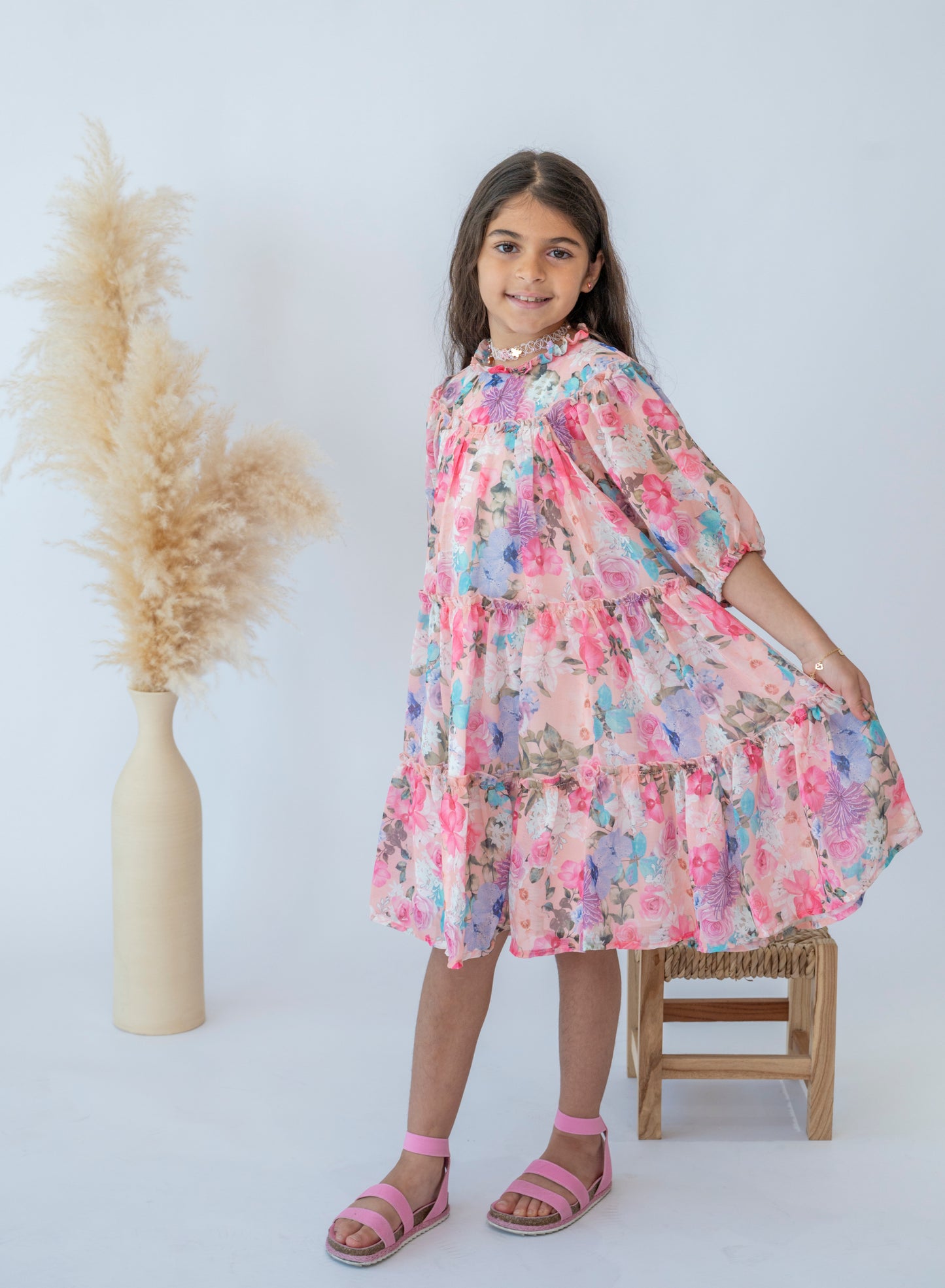 Girls Pink Floral Dress with Ruffle Detail
