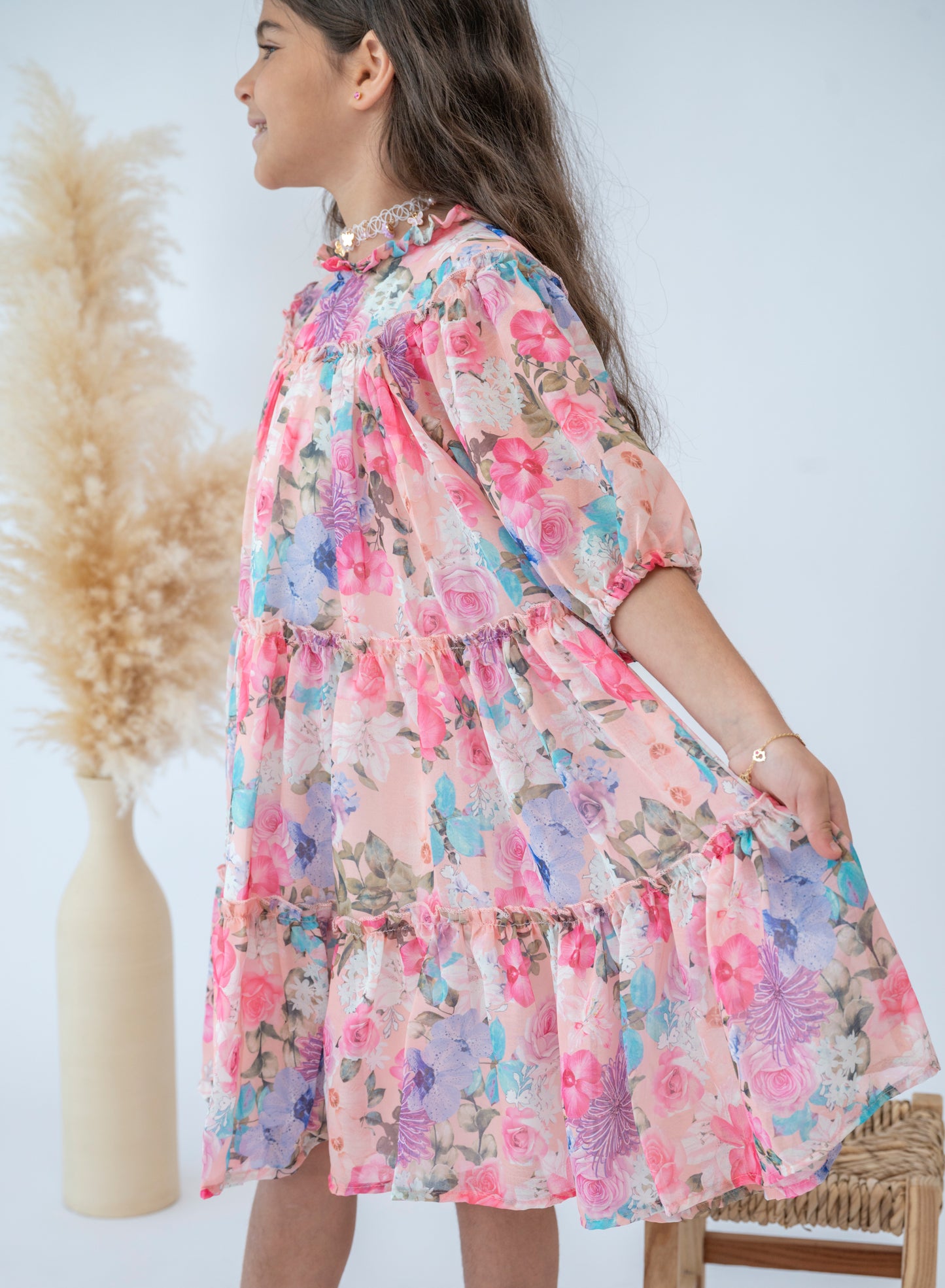 Girls Pink Floral Dress with Ruffle Detail