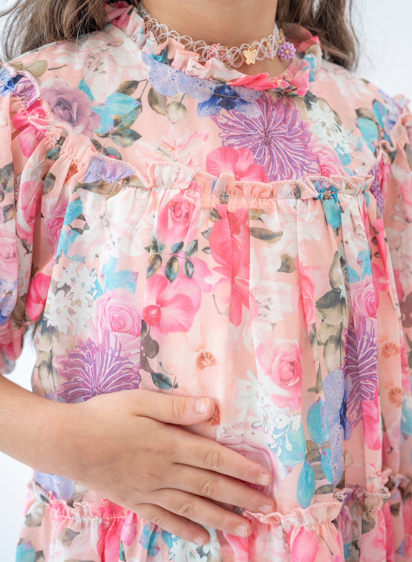 Girls Pink Floral Dress with Ruffle Detail