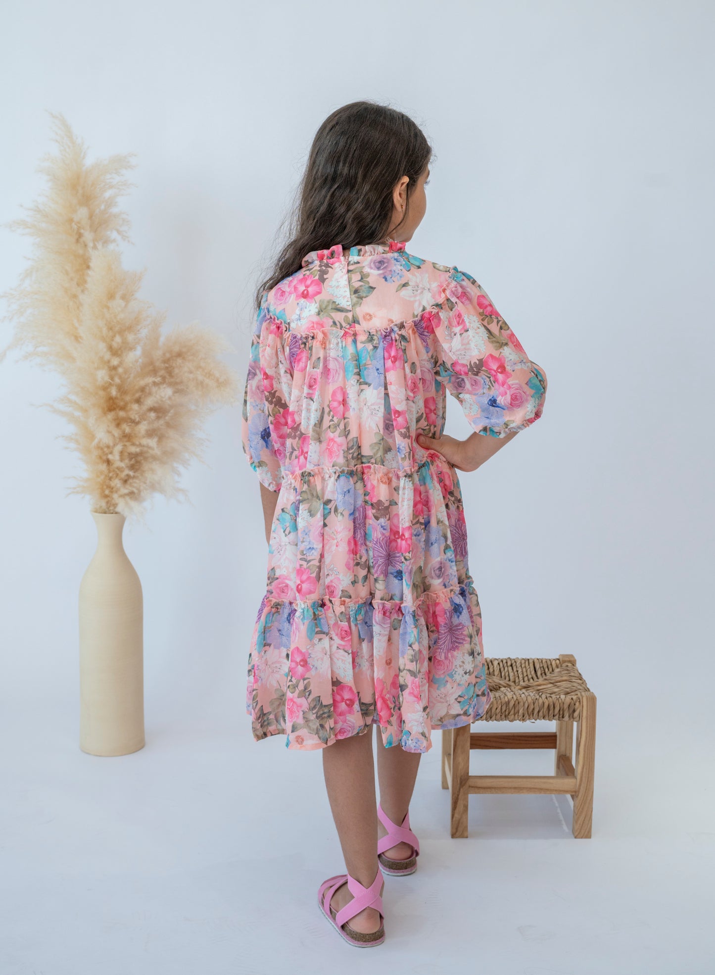 Girls Pink Floral Dress with Ruffle Detail