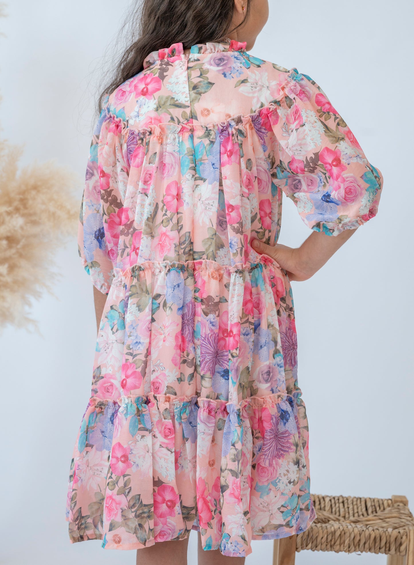 Girls Pink Floral Dress with Ruffle Detail