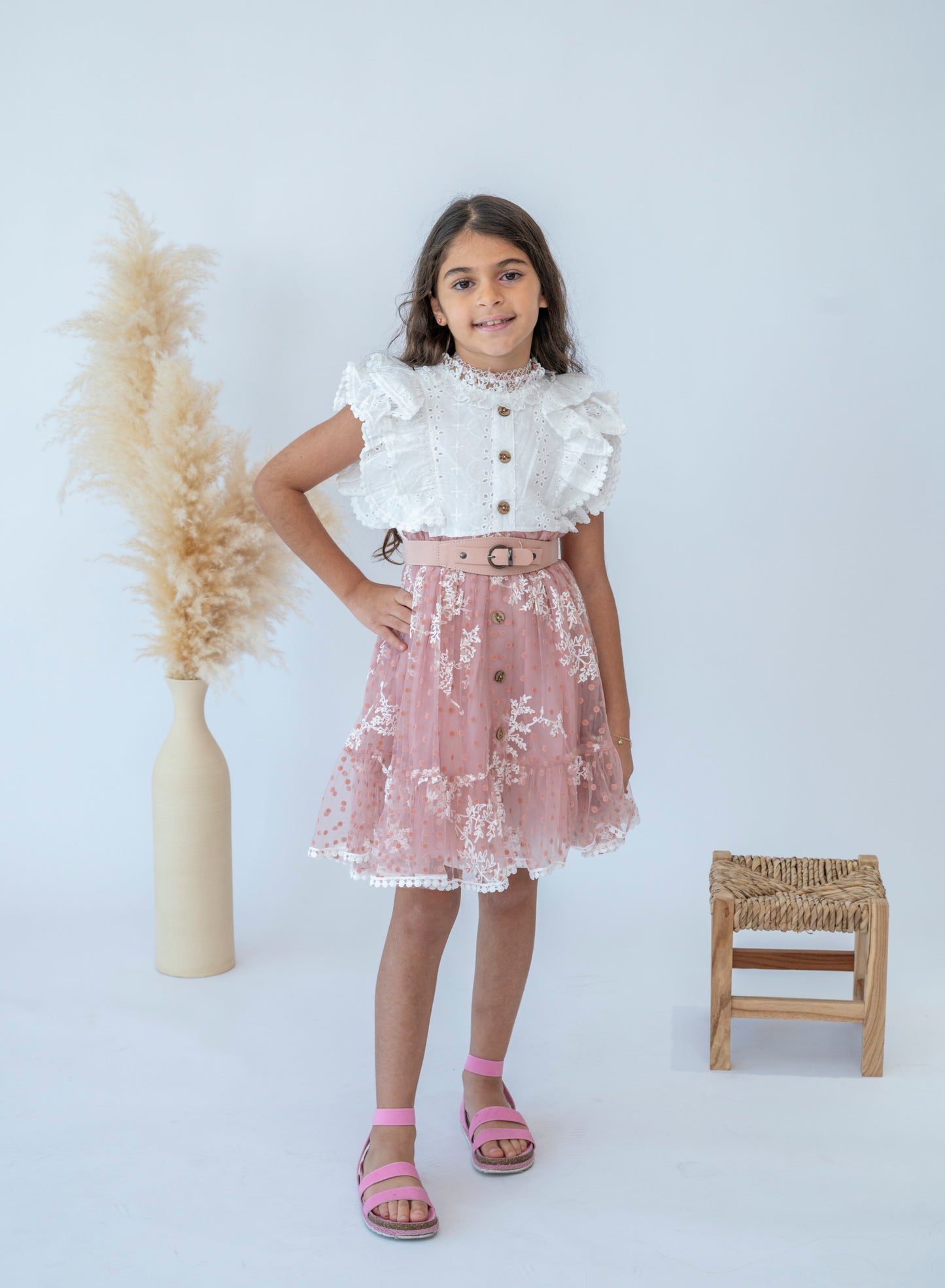 Girls Stylish Pink Ruffle Lace Dress with Belt