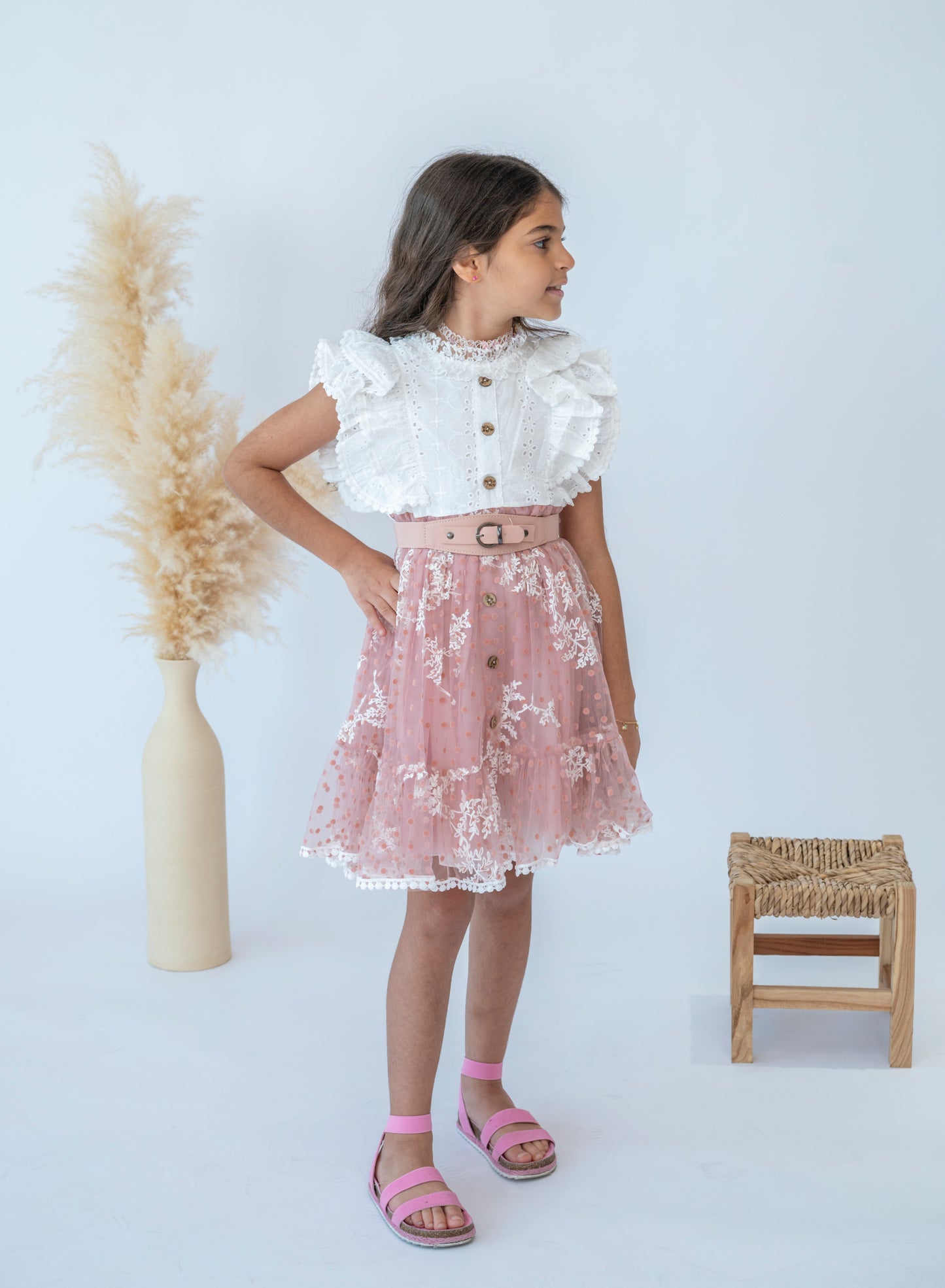 Girls Stylish Pink Ruffle Lace Dress with Belt