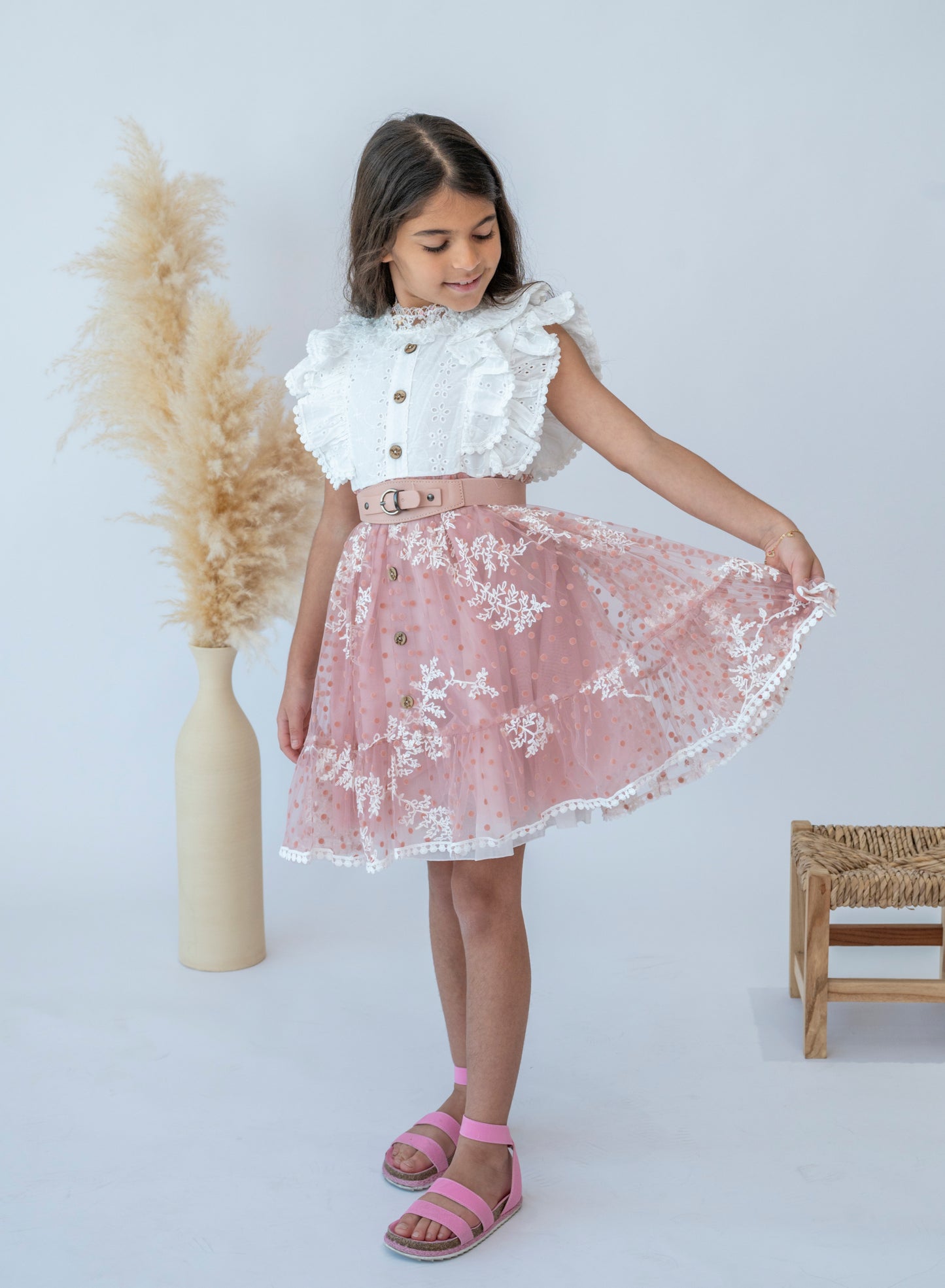 Girls Stylish Pink Ruffle Lace Dress with Belt