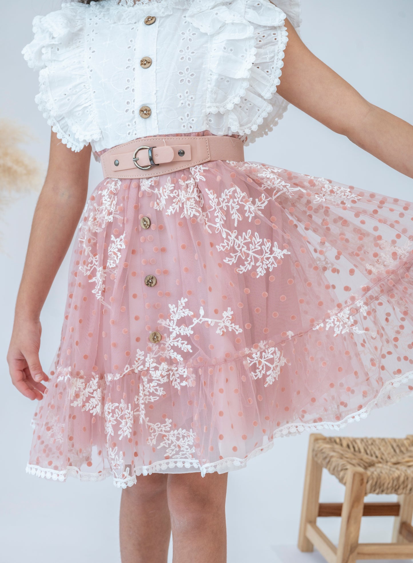 Girls Stylish Pink Ruffle Lace Dress with Belt
