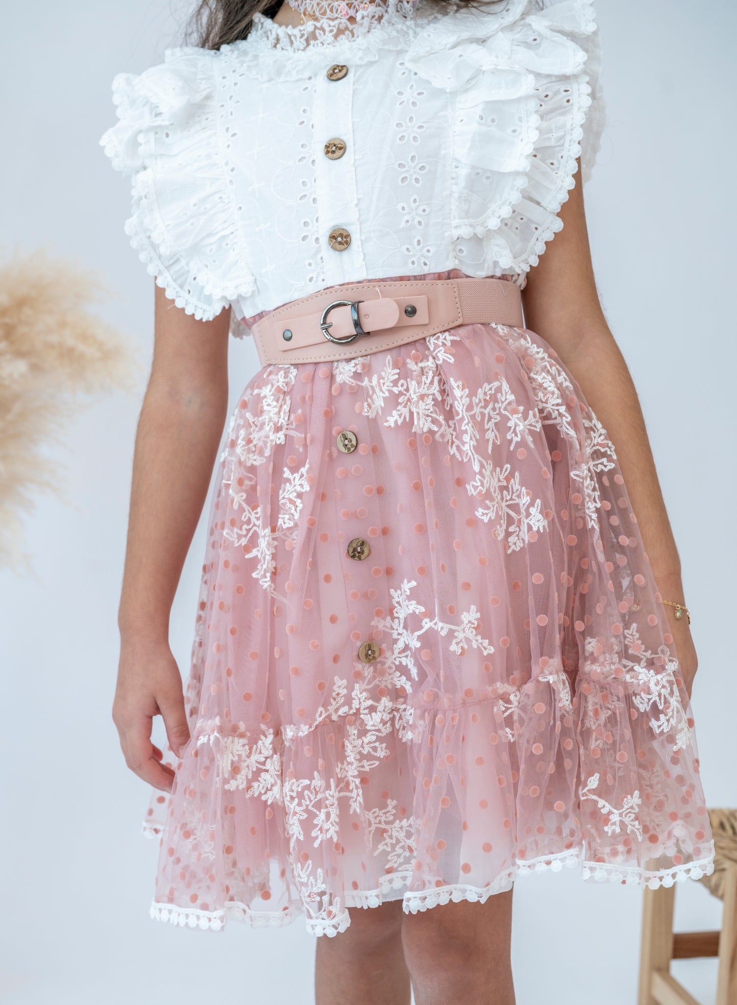 Girls Stylish Pink Ruffle Lace Dress with Belt