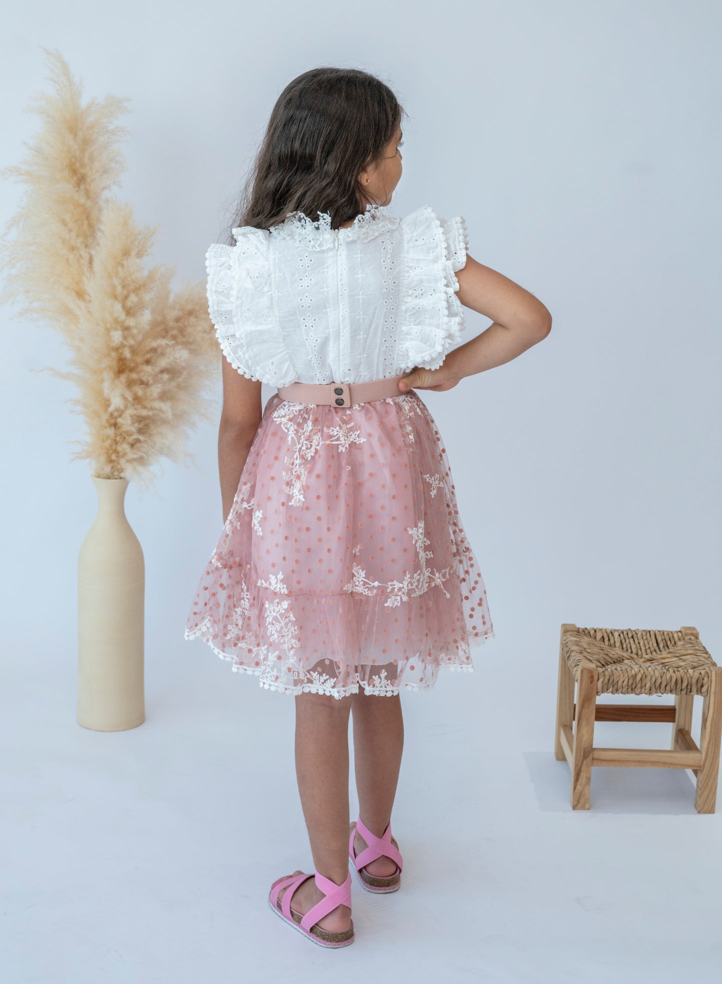 Girls Stylish Pink Ruffle Lace Dress with Belt