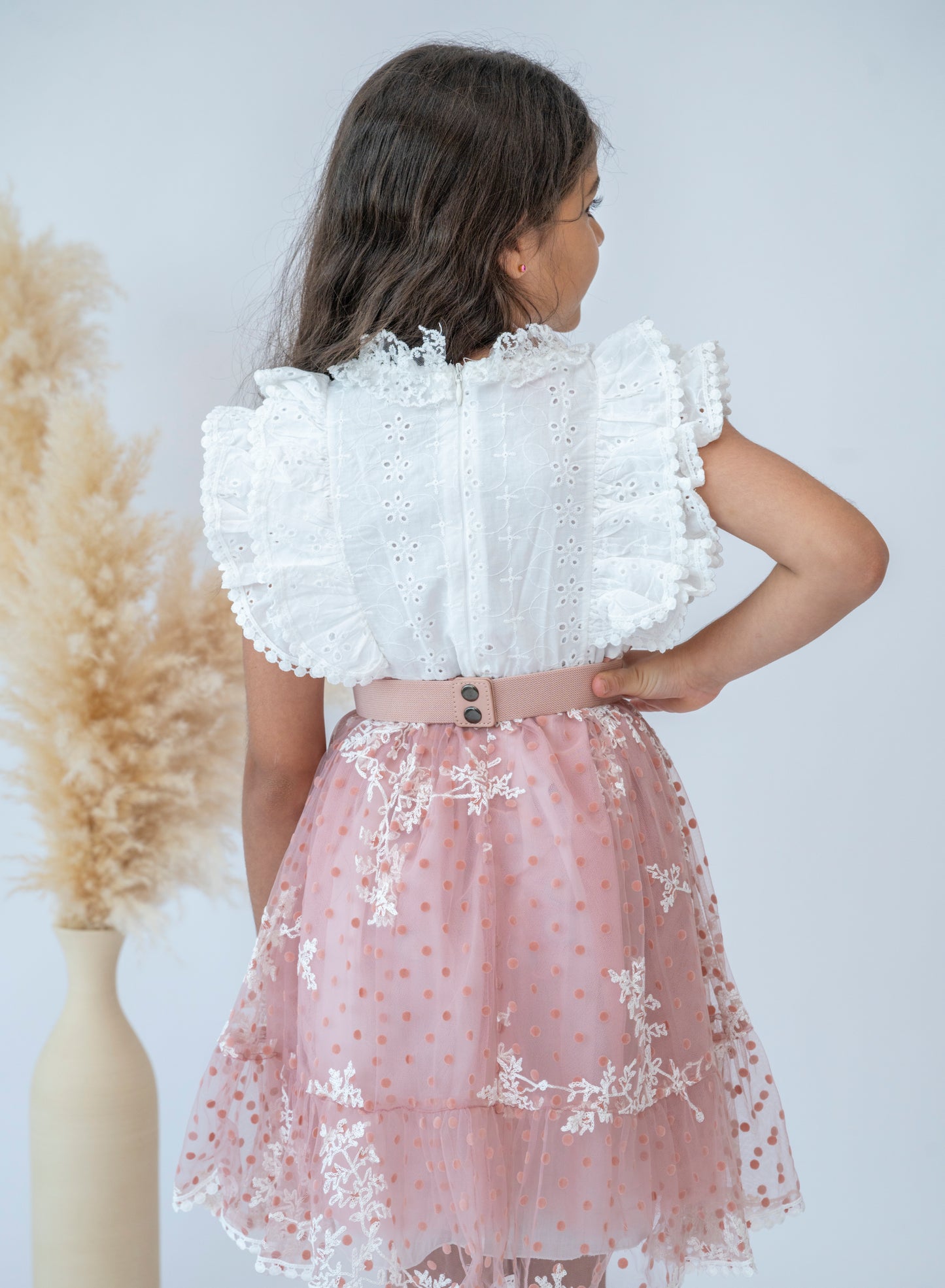 Girls Stylish Pink Ruffle Lace Dress with Belt