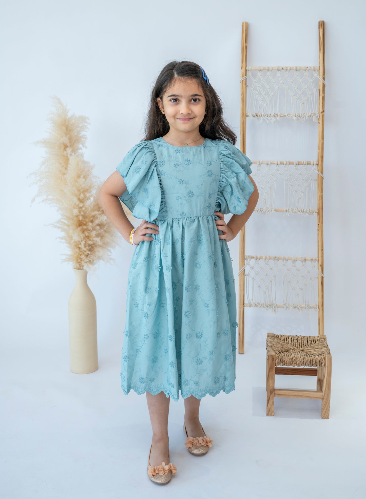 Elegant Blue Floral Girls Dress