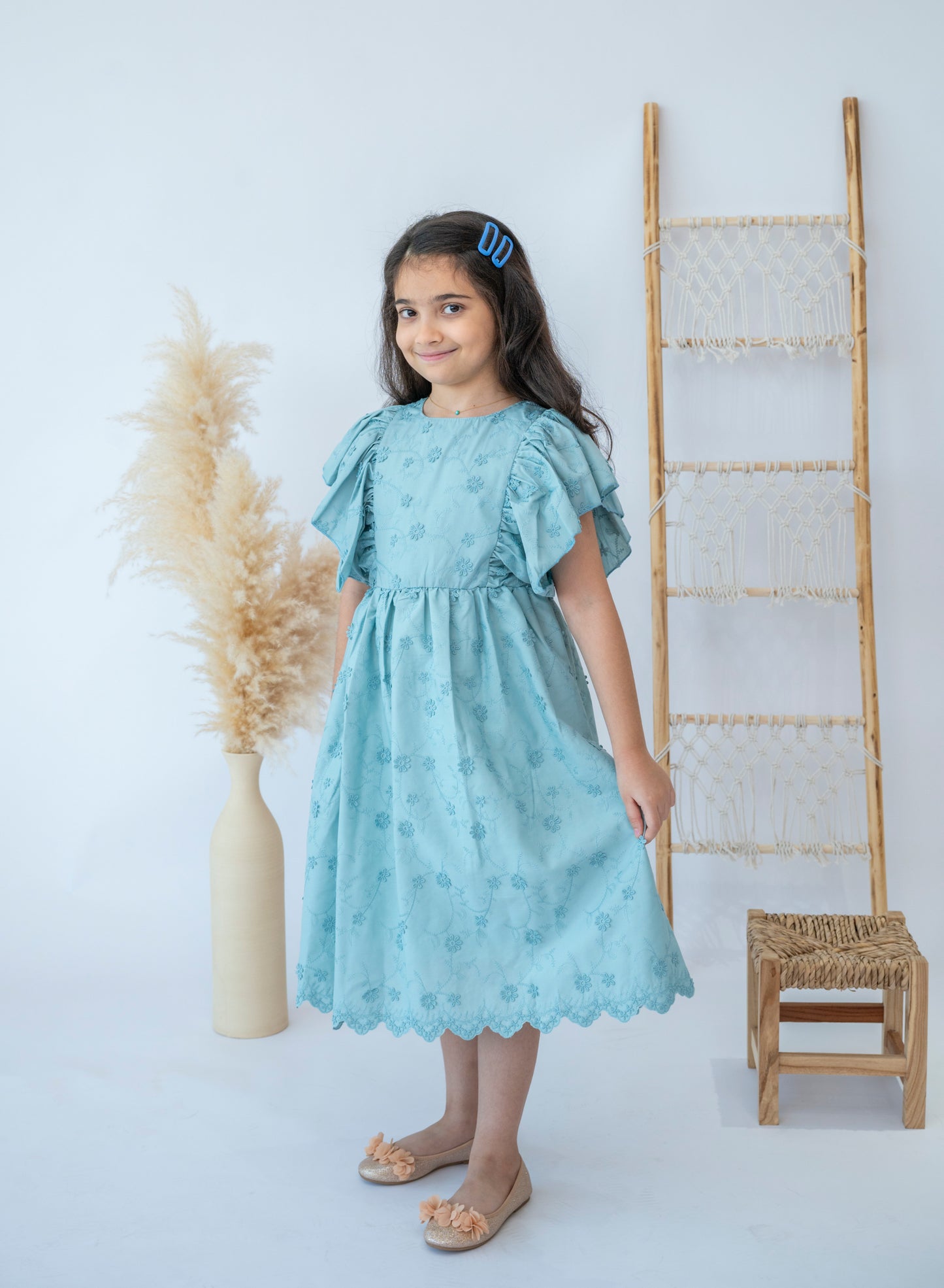 Elegant Blue Floral Girls Dress