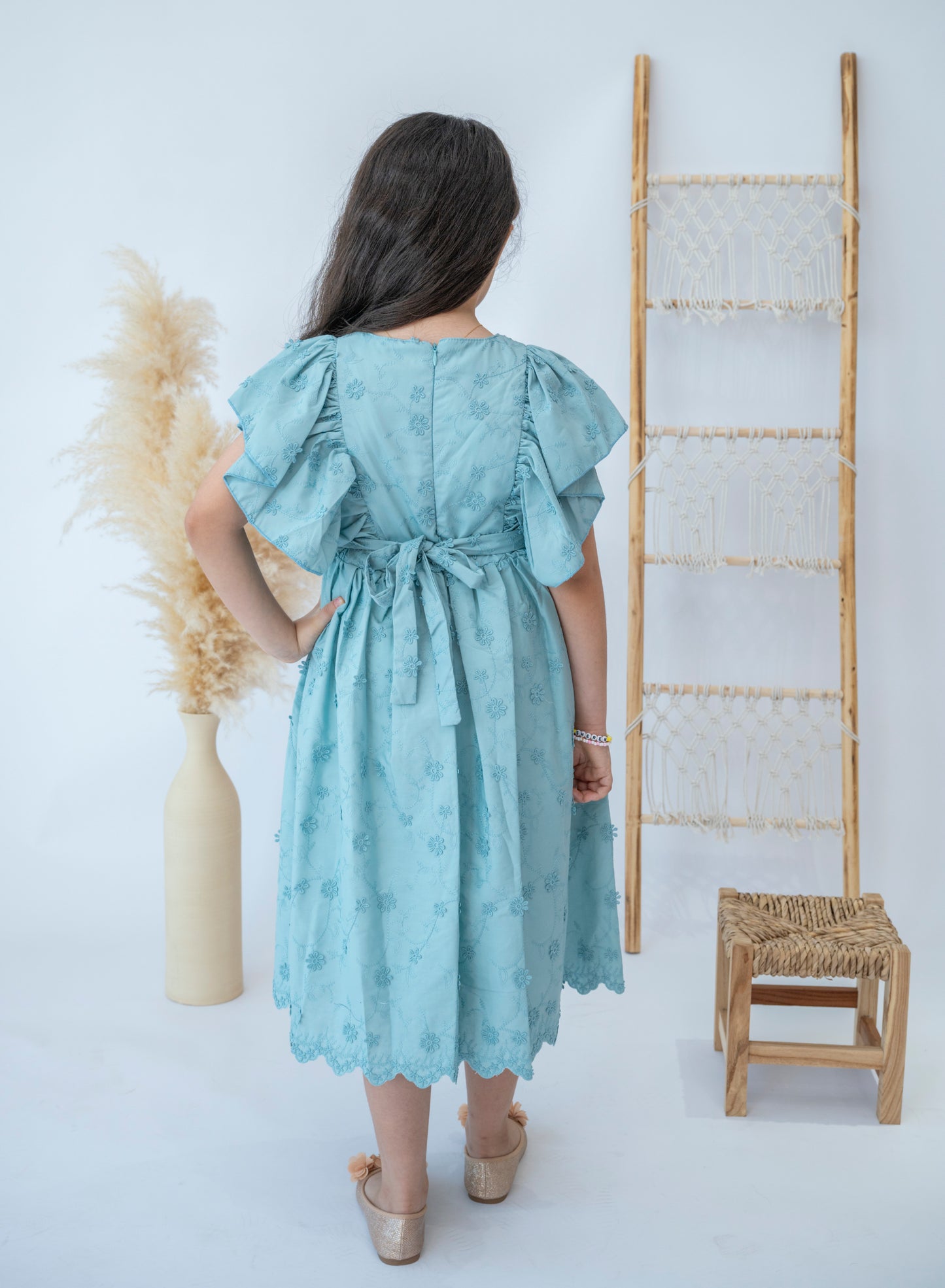 Elegant Blue Floral Girls Dress