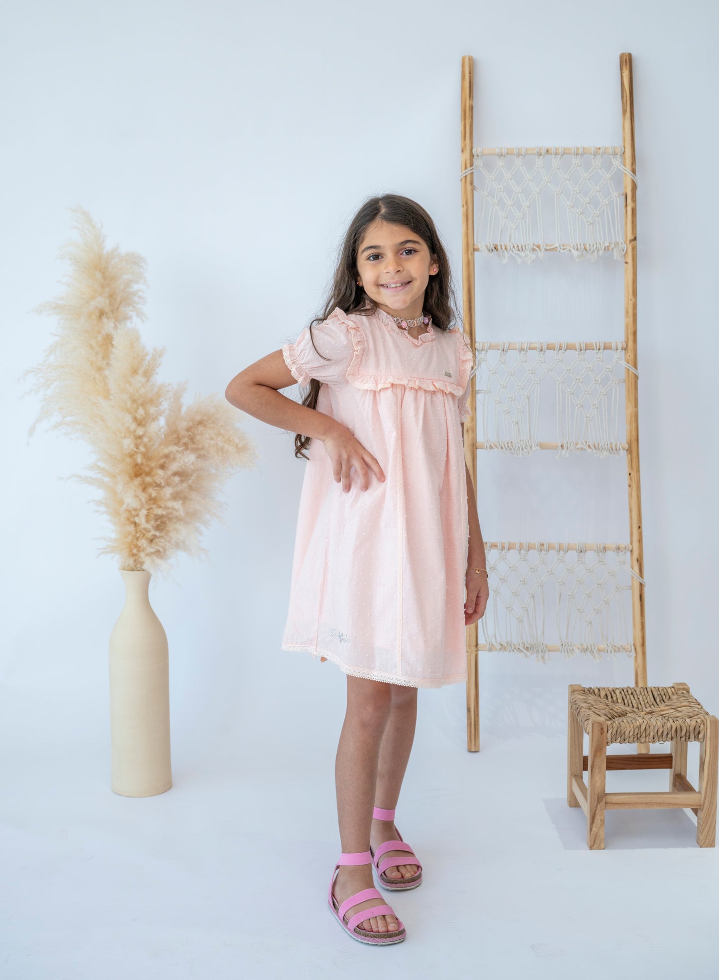 Elegant Pink Polka Dot Ruffle Girls Dress