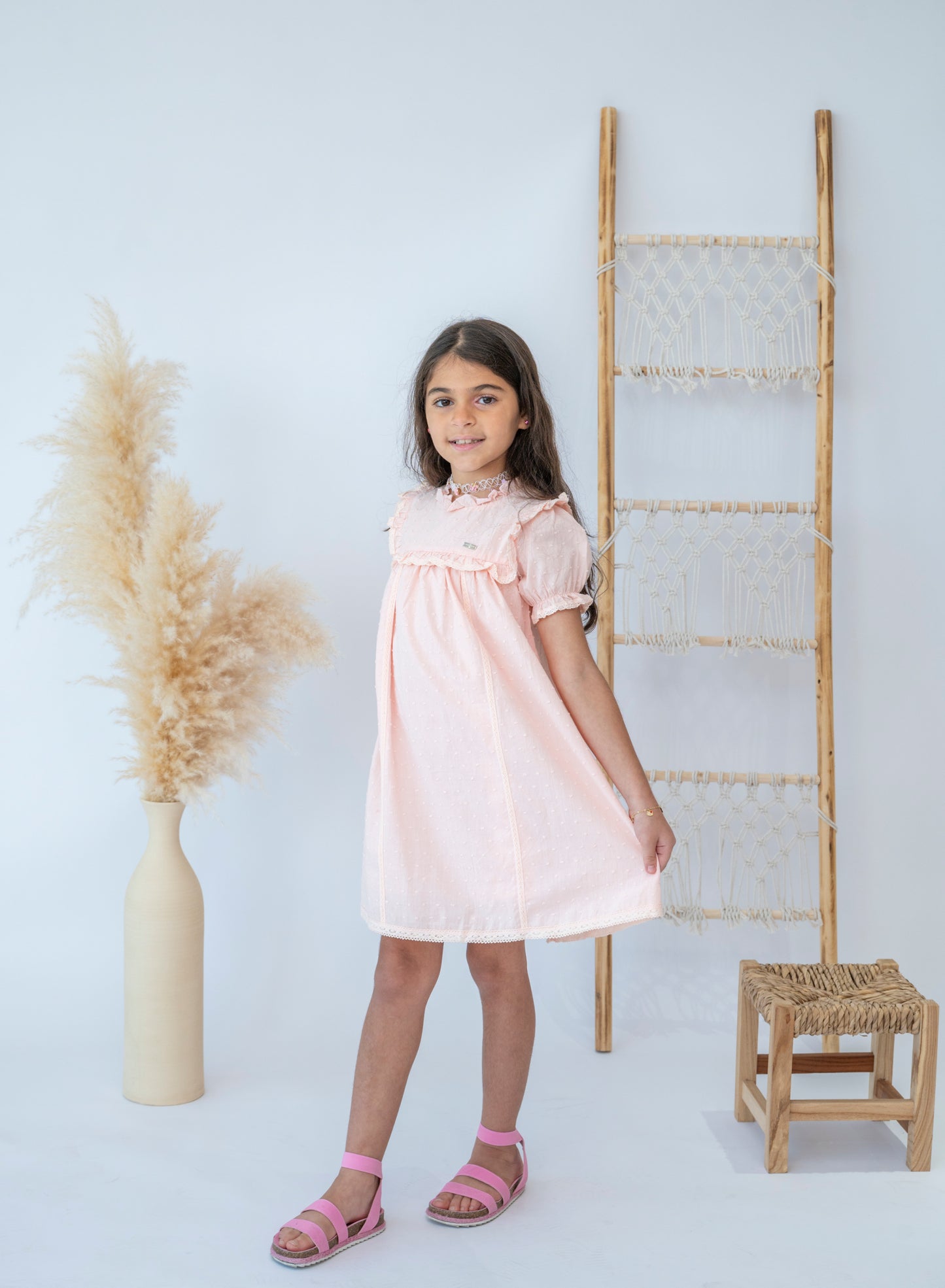 Elegant Pink Polka Dot Ruffle Girls Dress