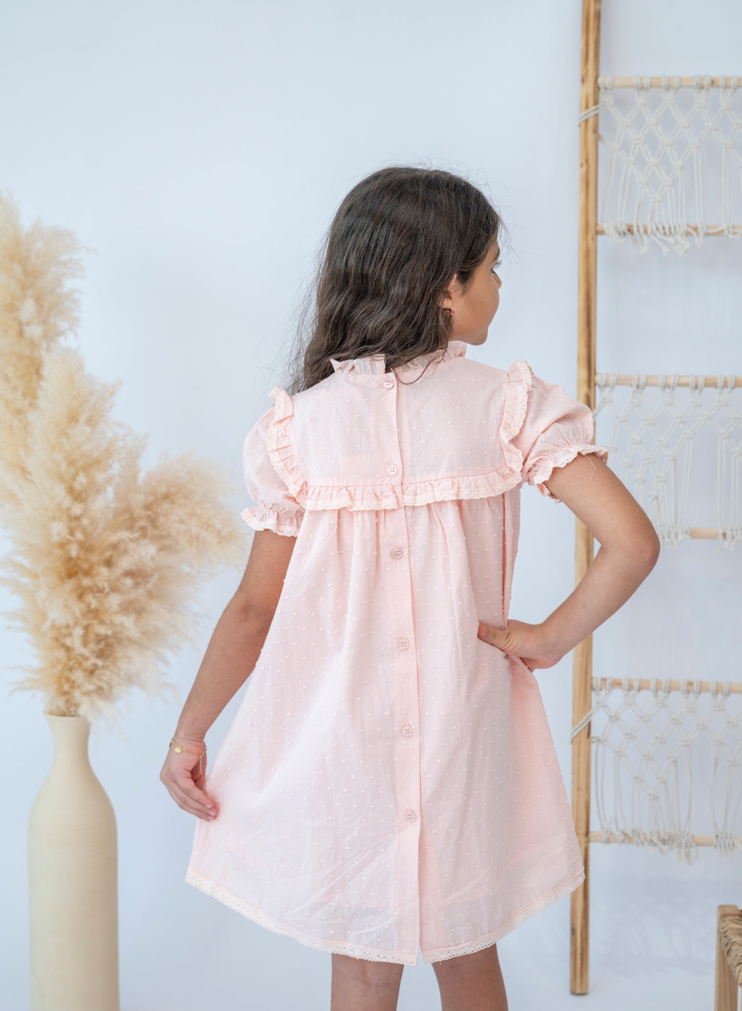 Elegant Pink Polka Dot Ruffle Girls Dress