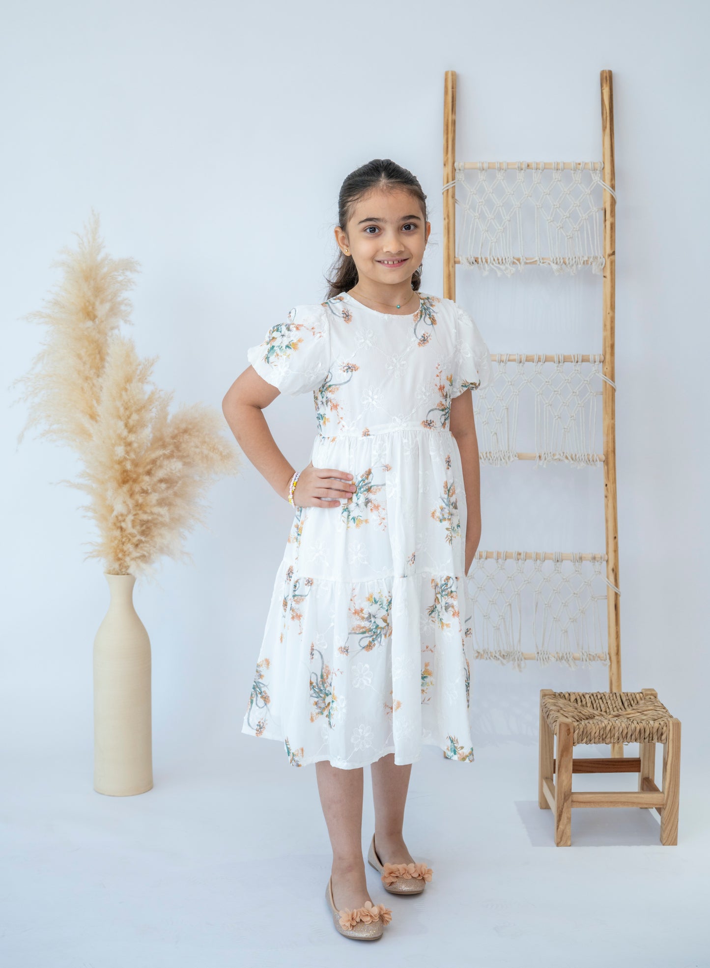 Girls Elegant Floral Embroidered Midi Dress