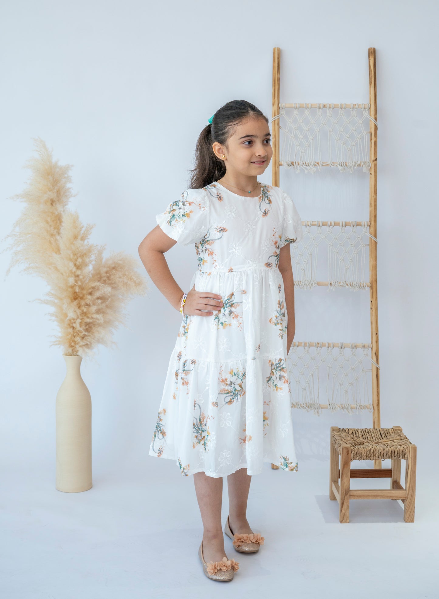 Girls Elegant Floral Embroidered Midi Dress