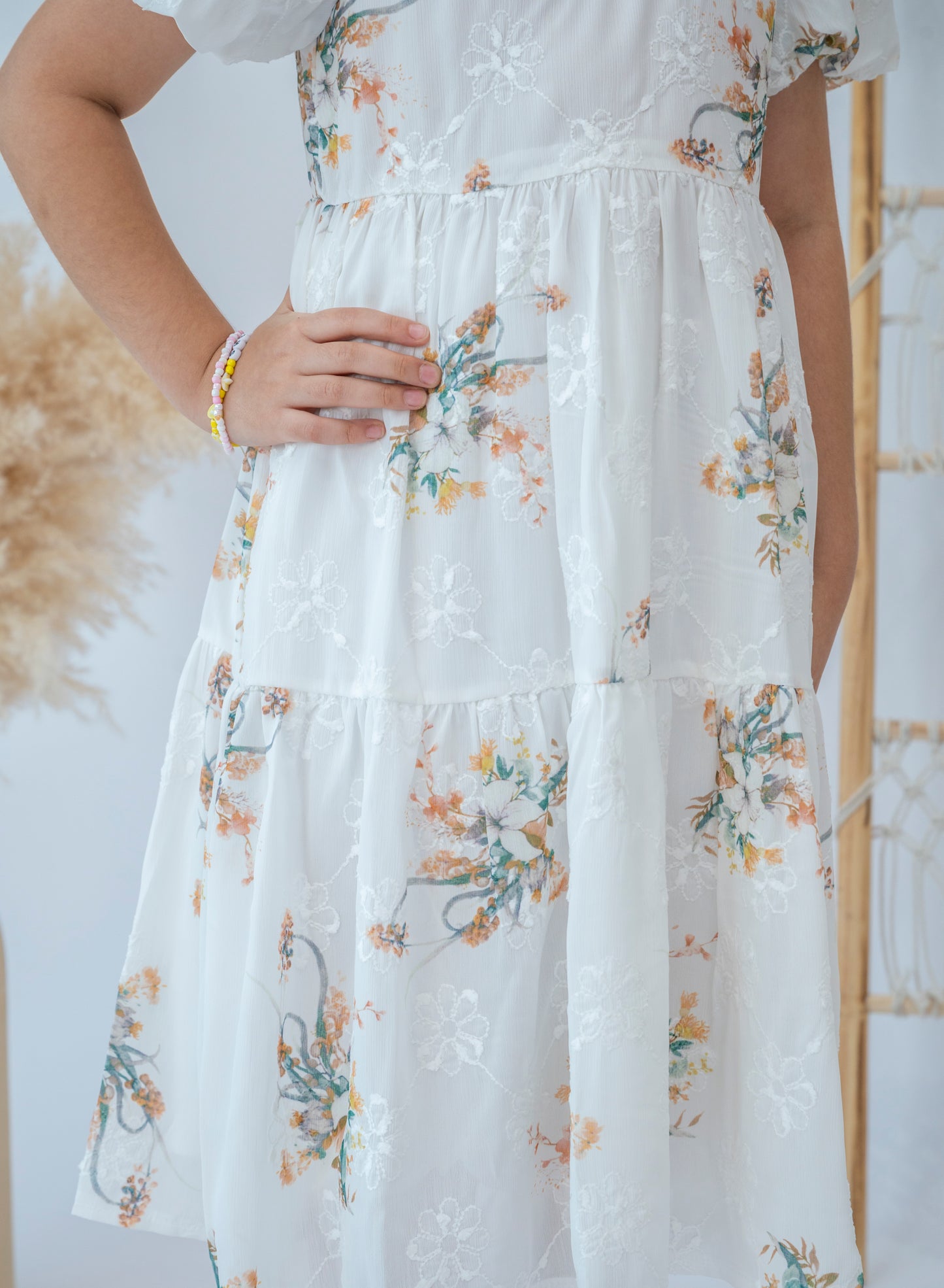 Girls Elegant Floral Embroidered Midi Dress