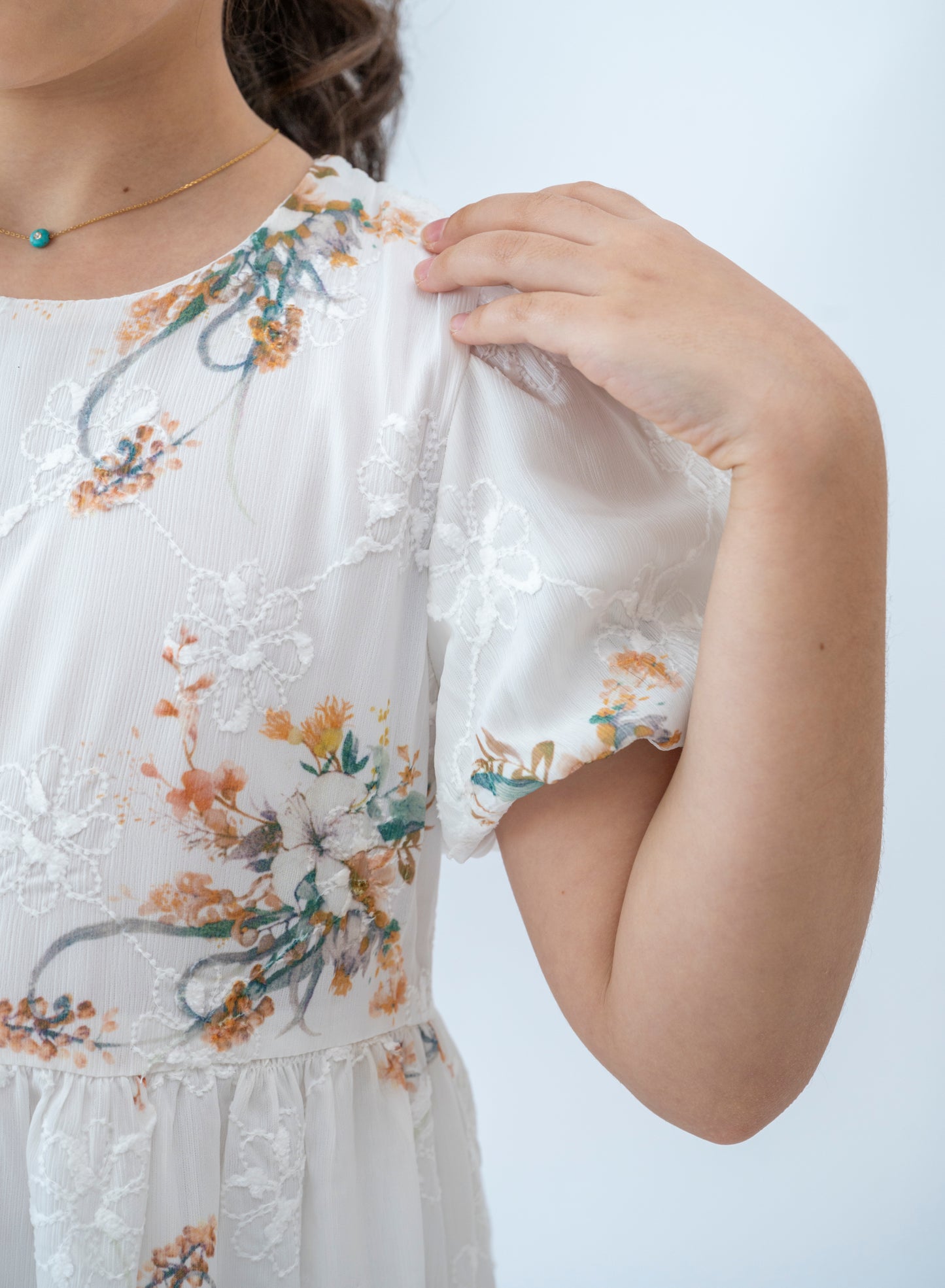 Girls Elegant Floral Embroidered Midi Dress