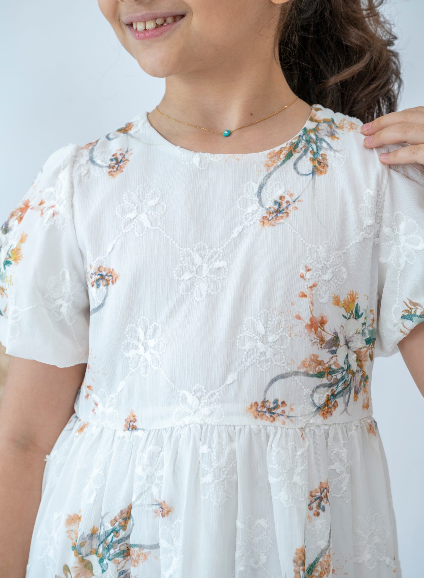 Girls Elegant Floral Embroidered Midi Dress