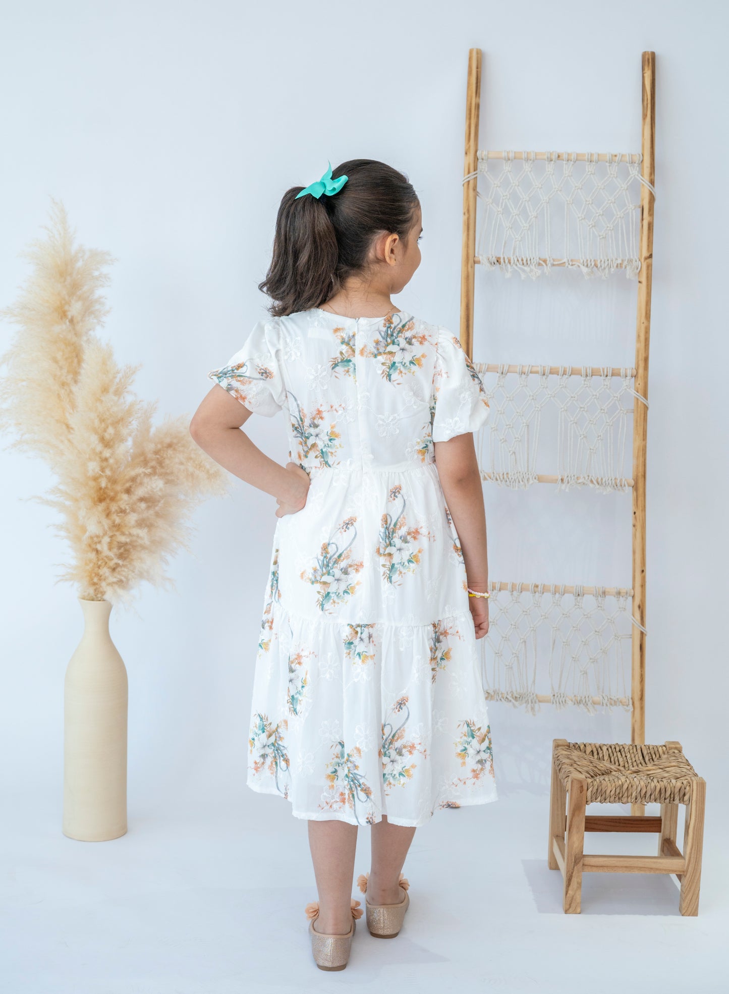 Girls Elegant Floral Embroidered Midi Dress