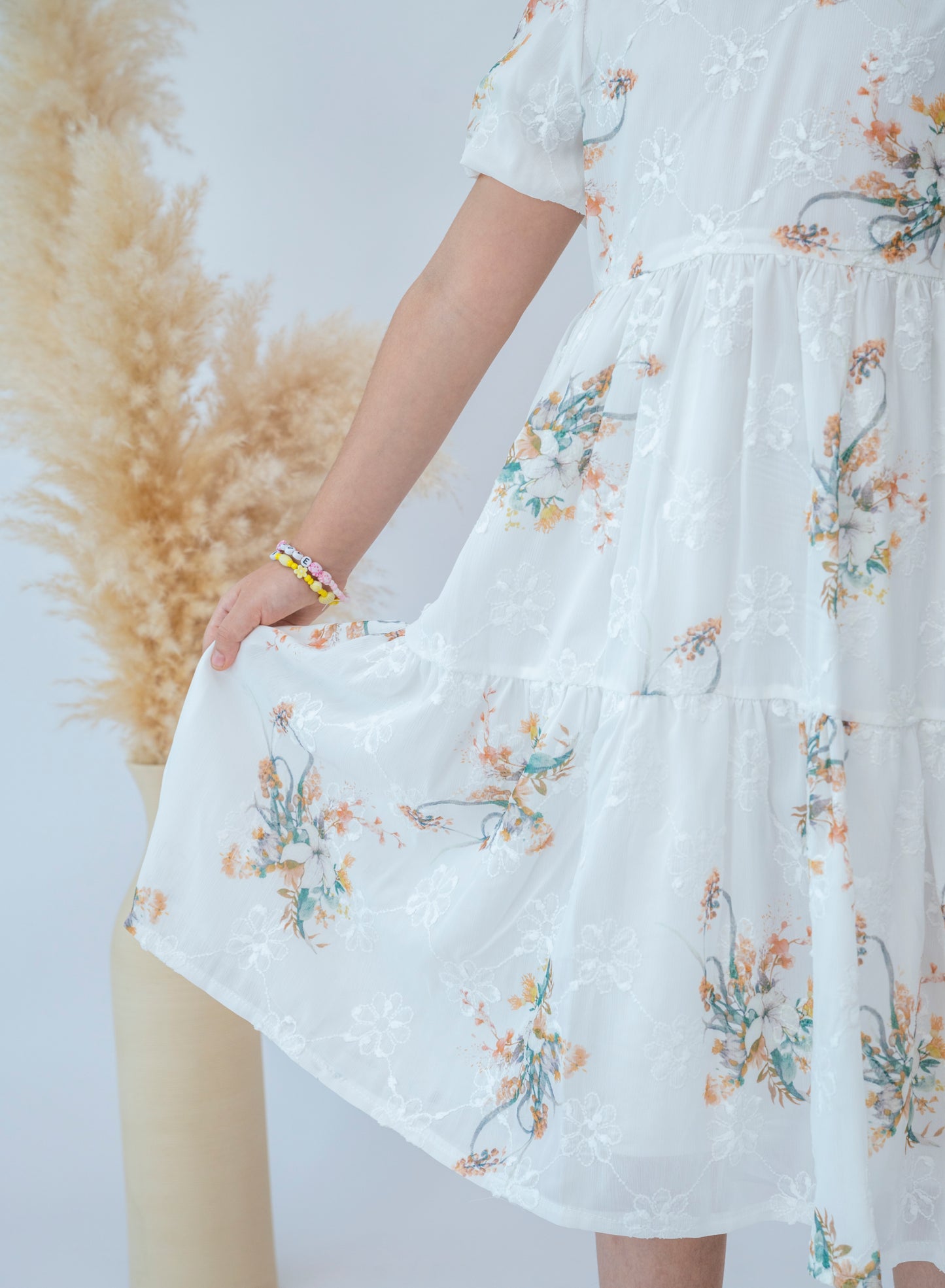 Girls Elegant Floral Embroidered Midi Dress
