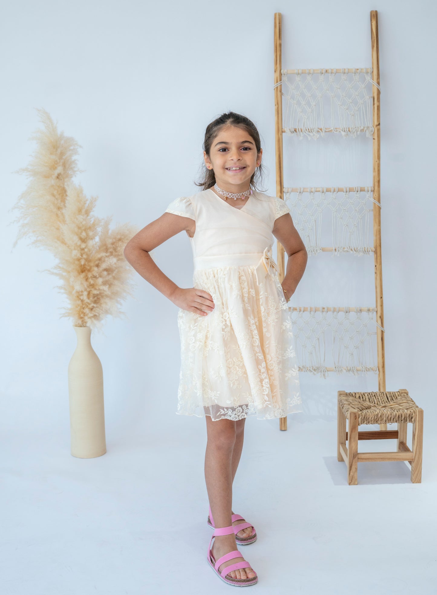 Elegant Cream Floral Lace Dress for Girls
