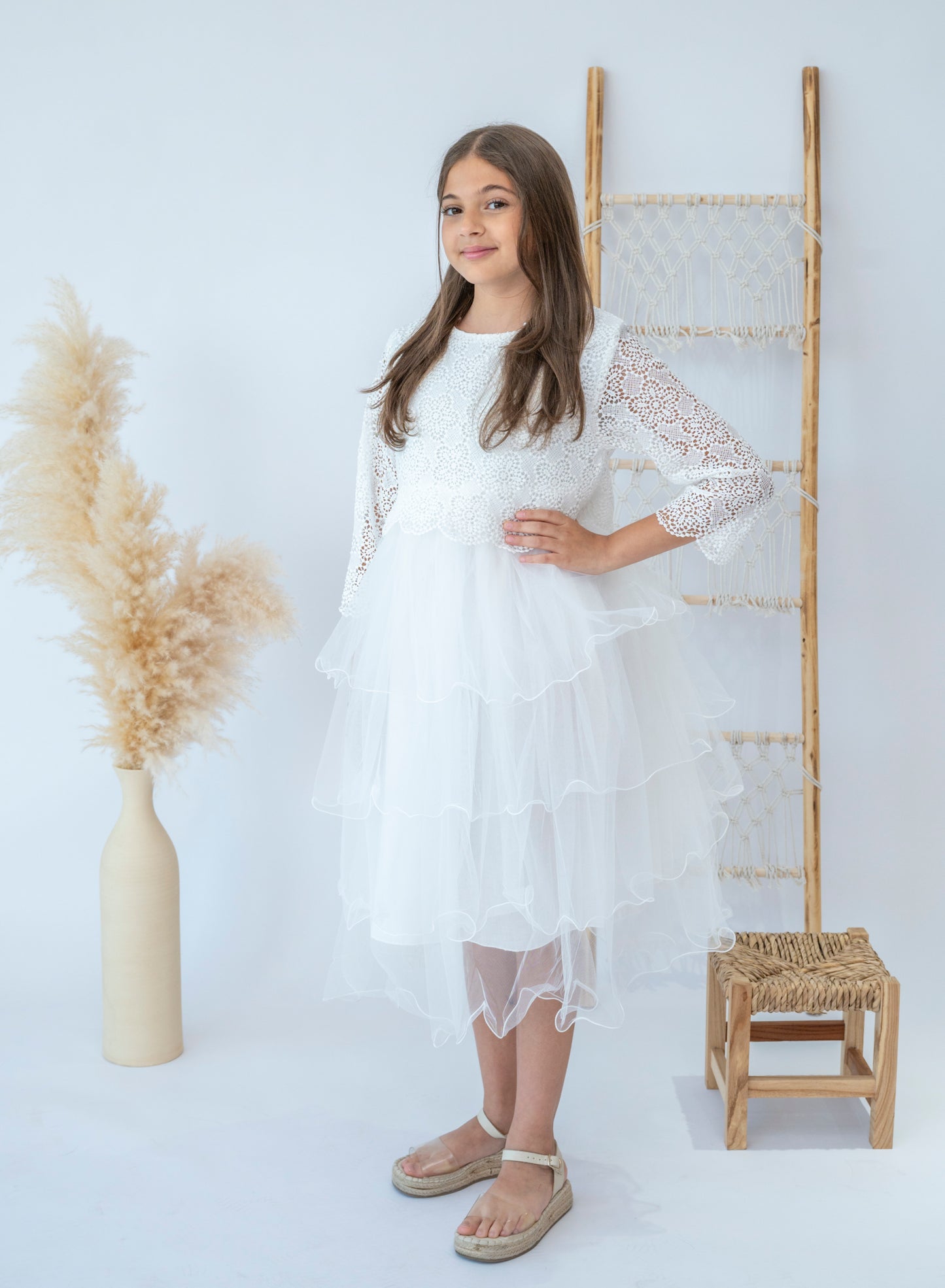 Elegant White Lace Layered Girls Dress