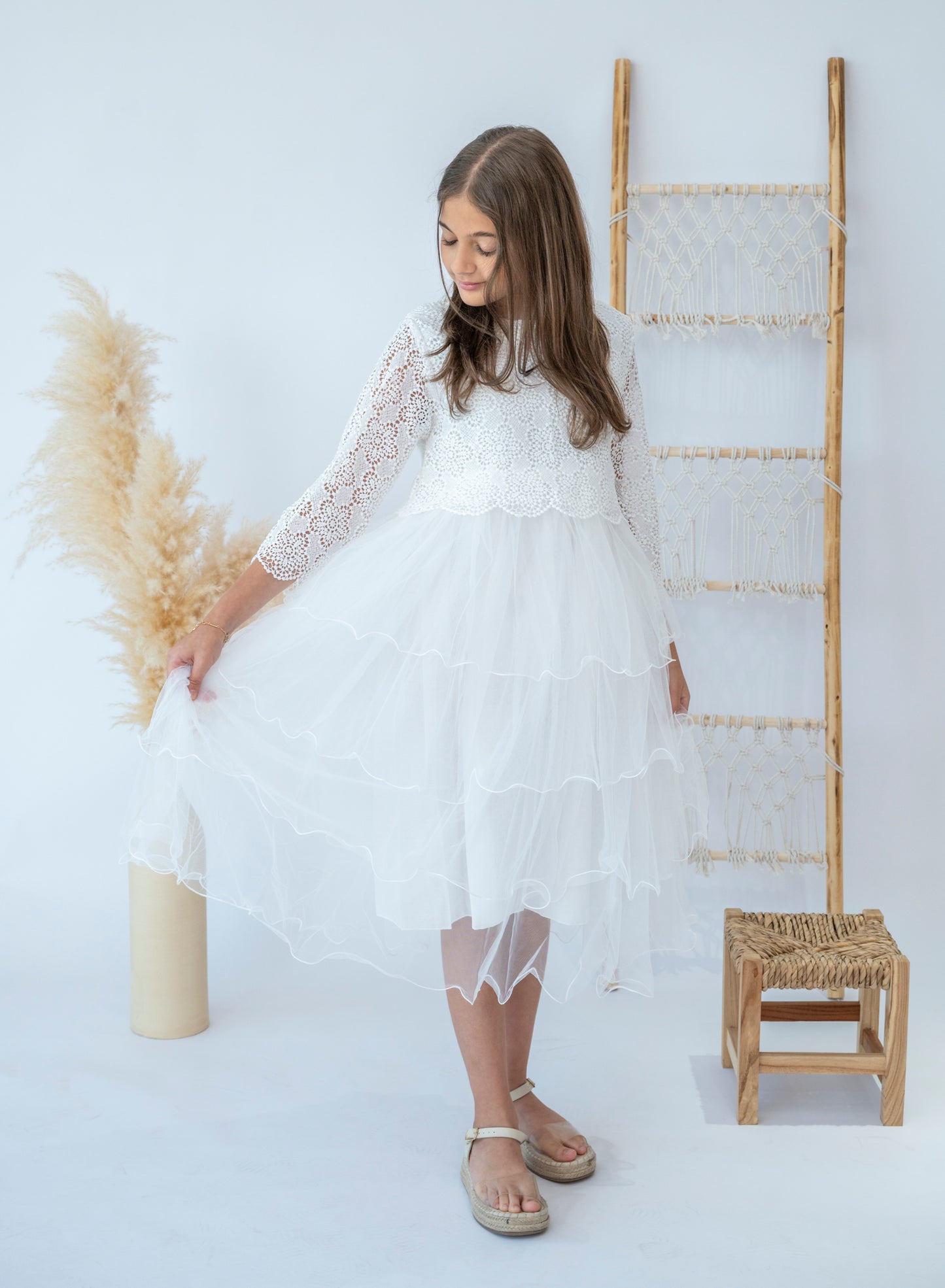 Elegant White Lace Layered Girls Dress
